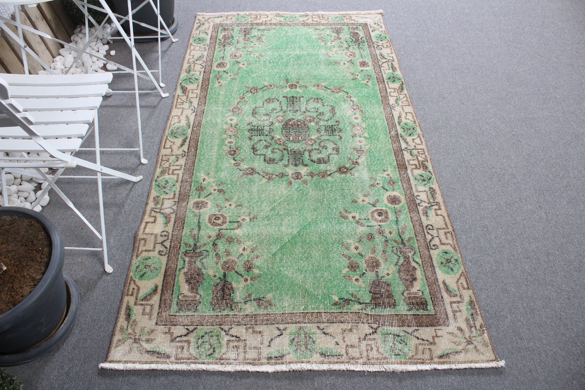 Yeşil Yün Halı, Vintage Halılar, Oushak Halı, Çocuk Halısı, 3,6x6,6 ft Accent Halı, Türk Halıları, Mutfak Halıları, Yer Halısı, Giriş Halıları