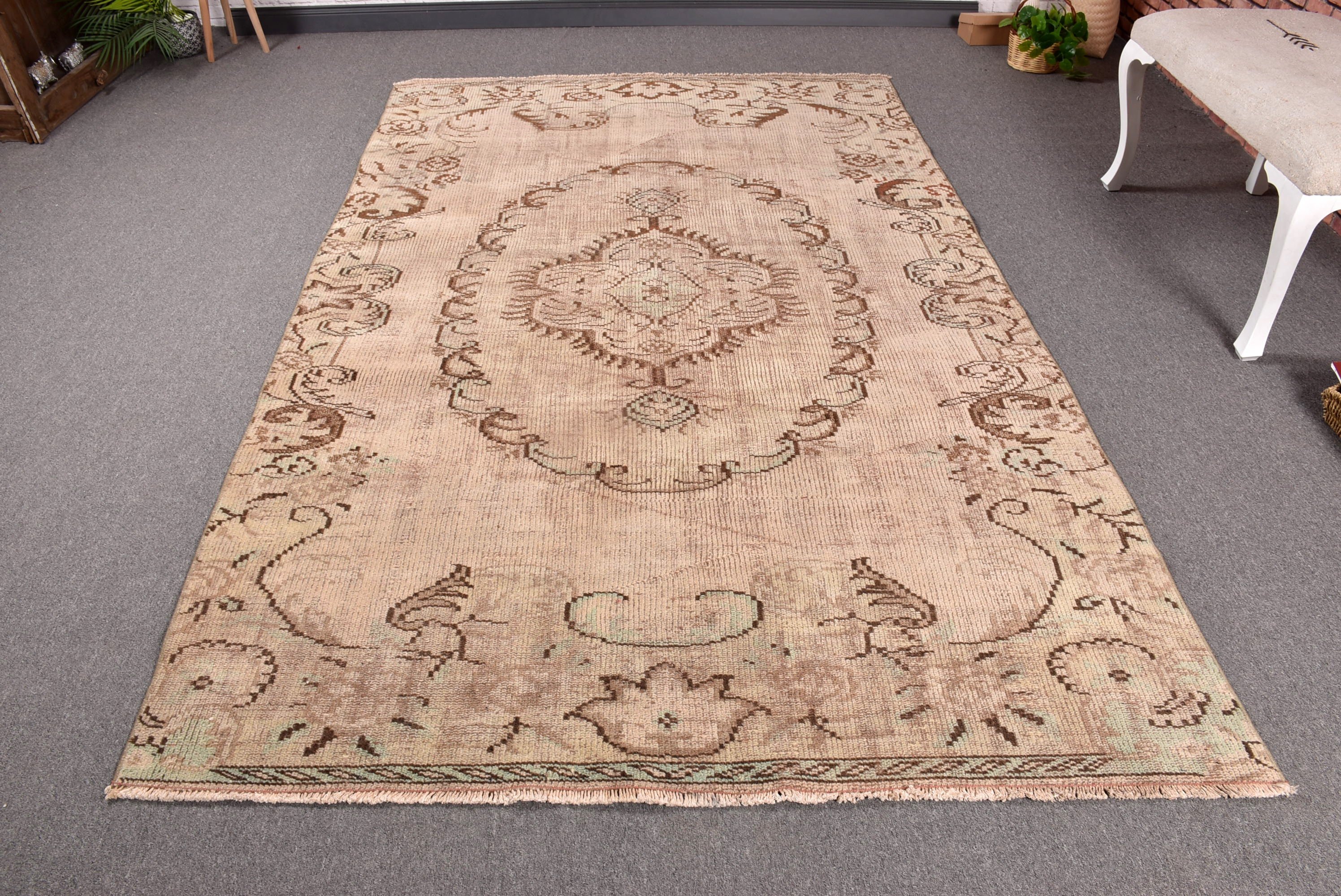 Vintage Halı, Bej Geometrik Halılar, 5.2x8.7 ft Büyük Halılar, Türk Halısı, Yer Halısı, Antika Halılar, Salon Halısı, Yemek Odası Halıları, Ev Dekor Halısı