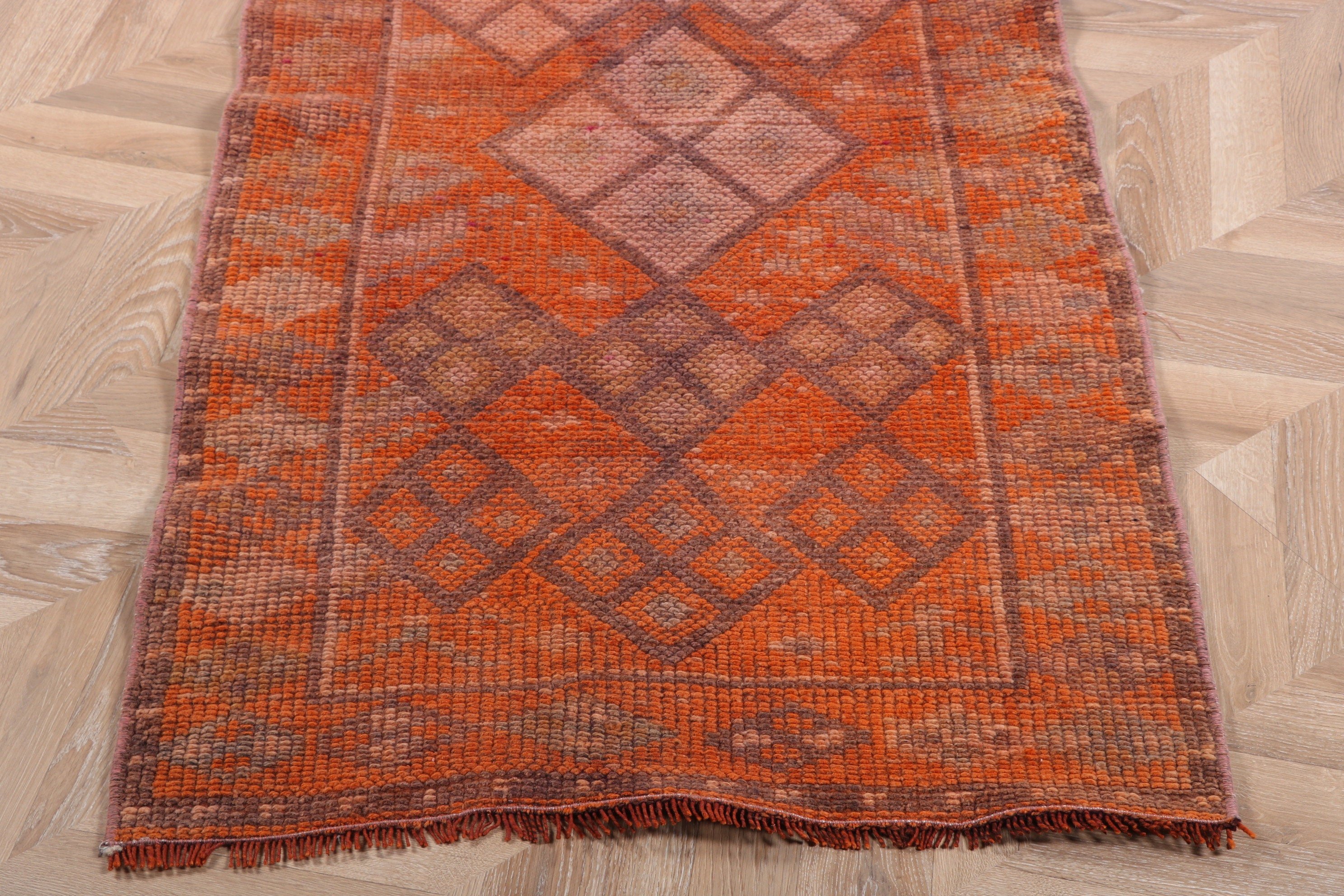 Geometric Rug, Corridor Rug, Vintage Rug, Turkish Rugs, Luxury Rugs, Beni Ourain Runner Rug, 2.5x11.3 ft Runner Rugs, Orange Wool Rugs