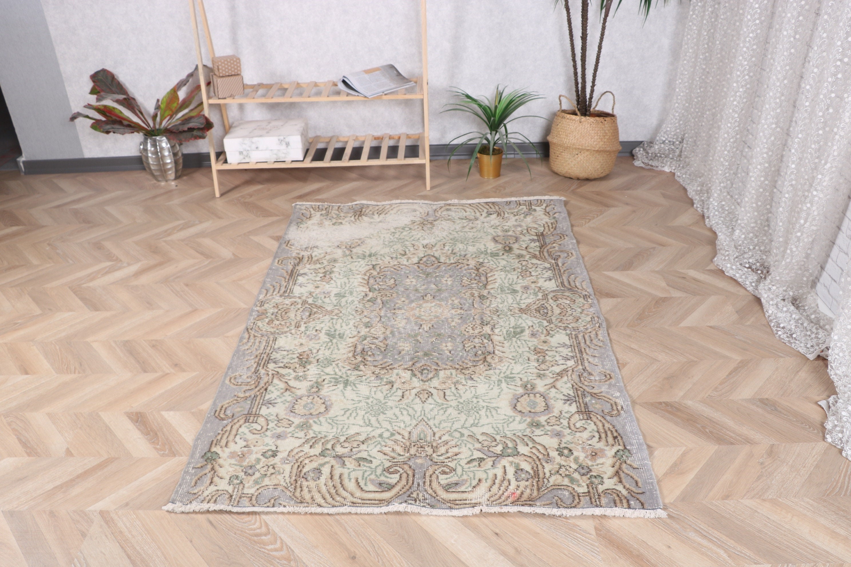 El Yapımı Halı, 3,9x5,9 ft Aksan Halıları, Türk Halısı, Boho Vurgu Halısı, Lüks Halılar, Yer Halısı, Giriş Halıları, Gri Yatak Odası Halısı, Vintage Halılar