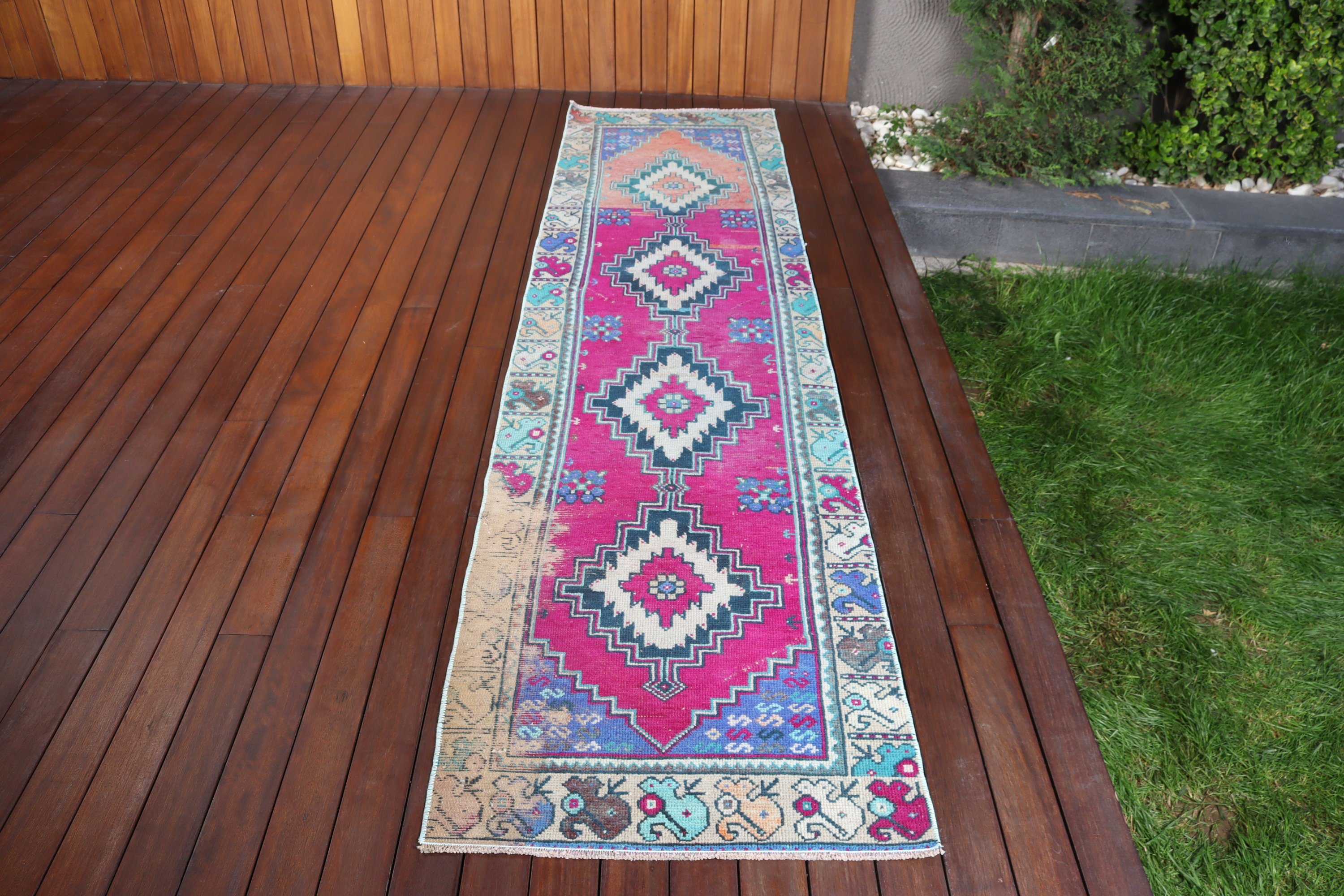 Beni Ourain Runner Rug, Turkish Rug, Vintage Rugs, 2.4x9.6 ft Runner Rugs, Rugs for Stair, Kitchen Rug, Pink Cool Rug, Statement Rugs