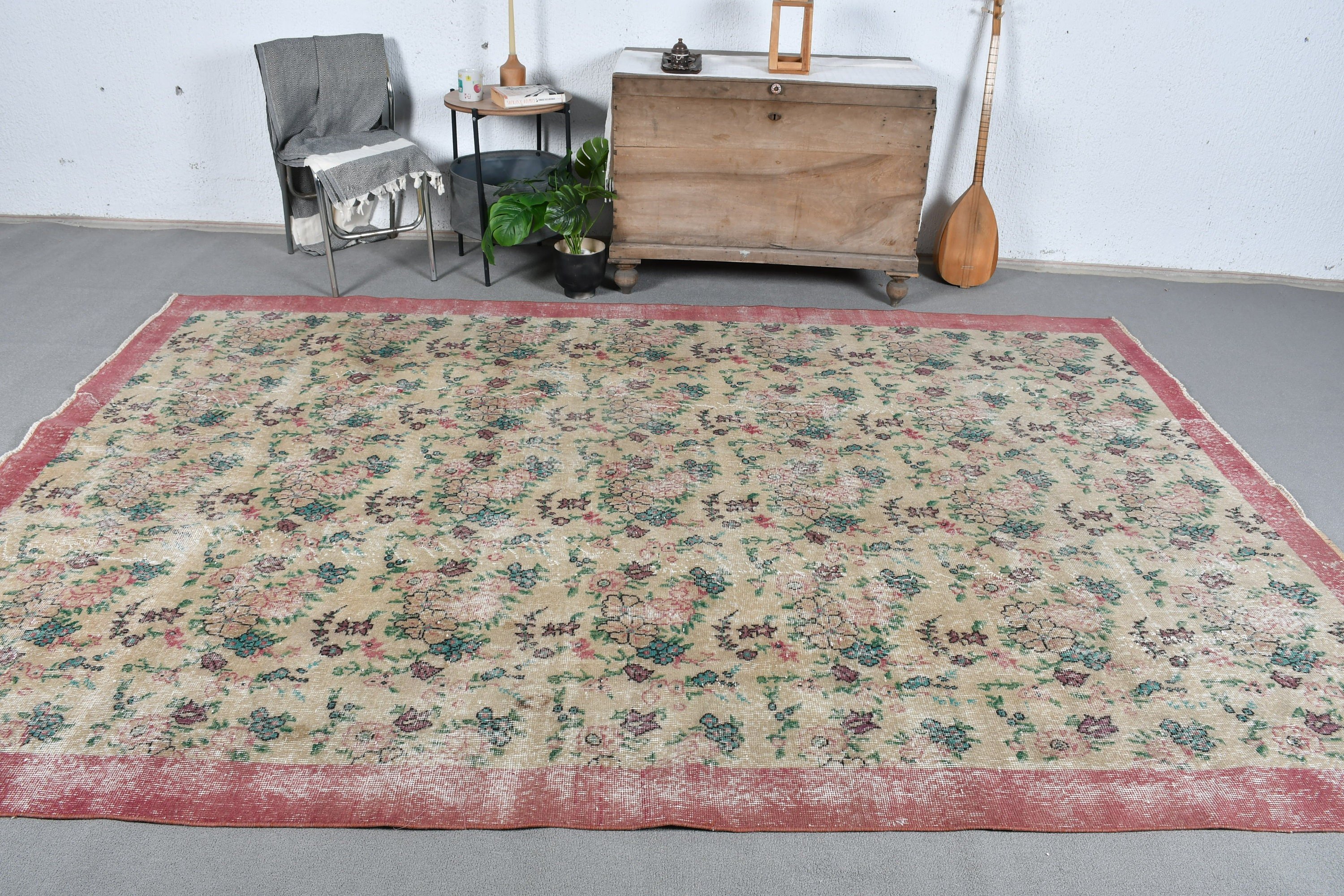 Fas Halısı, Salon Halısı, Yemek Odası Halısı, Oushak Halısı, Vintage Halılar, Retro Halı, 7.1x10.5 ft Büyük Boy Halı, Bej Yatak Odası Halıları, Türk Halısı