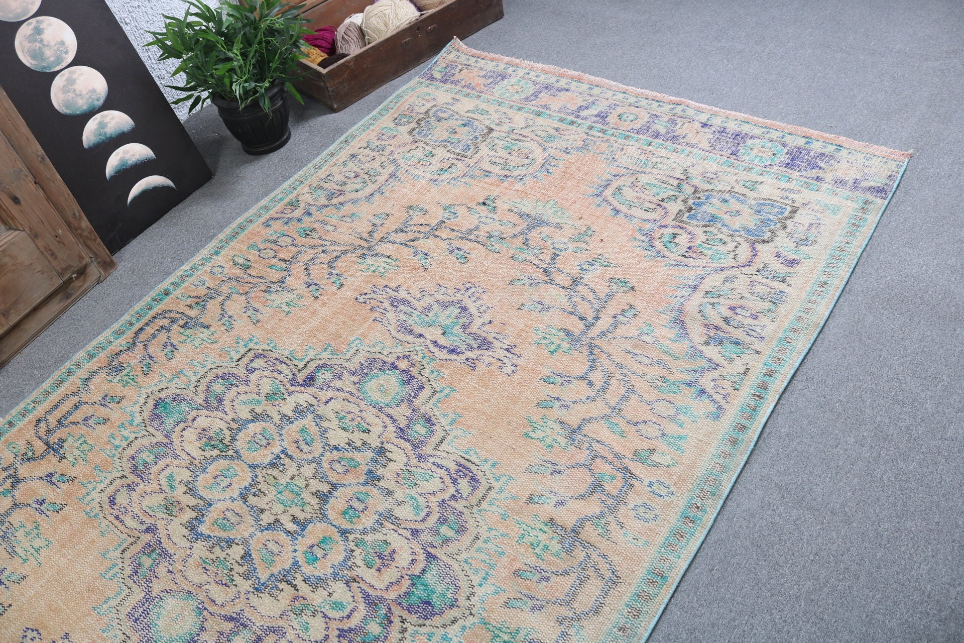 Ev Dekorasyonu Halıları, Mutfak Halısı, Yemek Odası Halıları, Vintage Halı, Büyük Oushak Halıları, 4,8x10,1 ft Büyük Halı, Türk Halıları, Yeşil Lüks Halılar