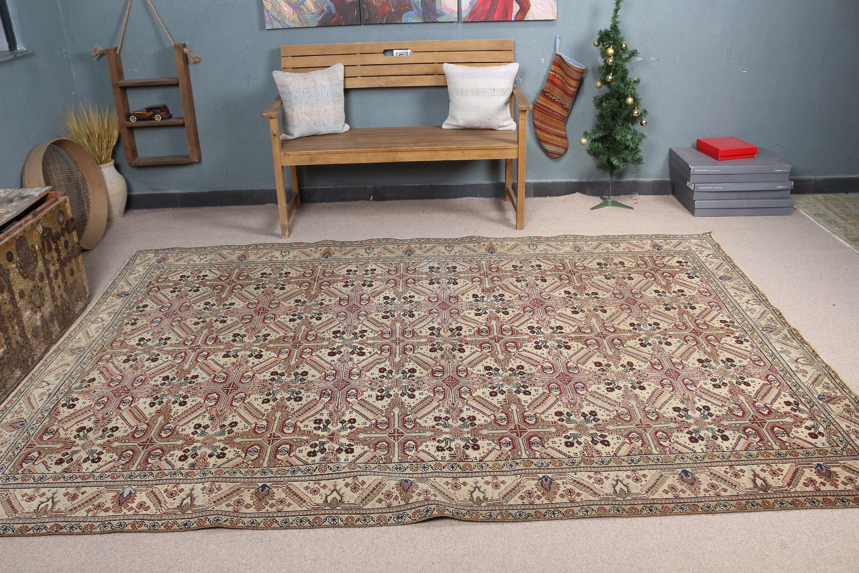 Vintage Halı, Türk Halısı, Oturma Odası Halısı, Yemek Odası Halısı, 6.3x9.4 ft Büyük Halı, Bej Anadolu Halıları, Ev Dekorasyonu Halısı