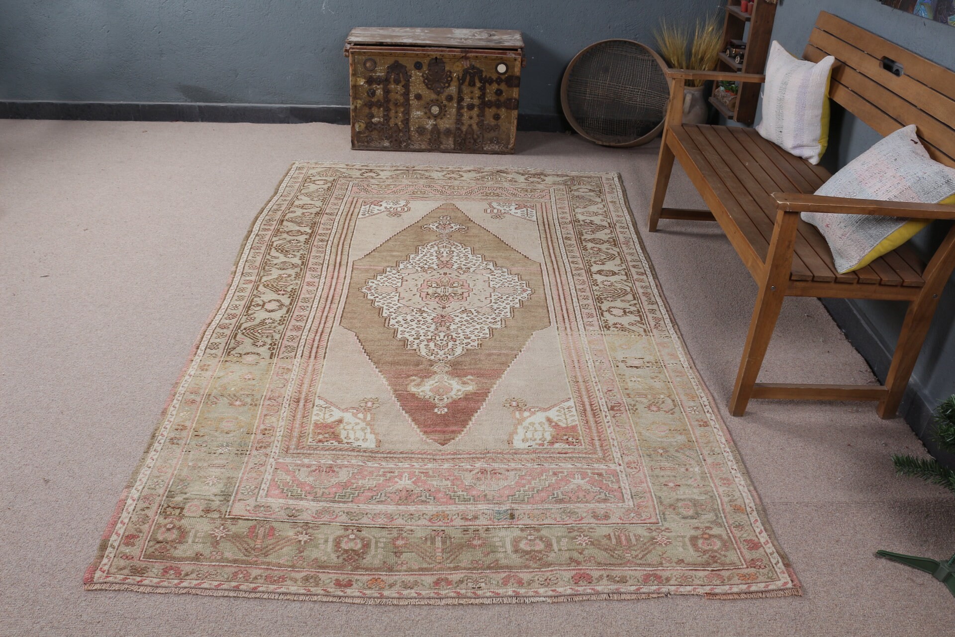 Havalı Halı, Salon Halıları, 5x8,1 ft Büyük Halı, Türk Halıları, Salon Halıları, Oryantal Halı, Oturma Odası Halısı, Vintage Halı, Kahverengi Yatak Odası Halısı