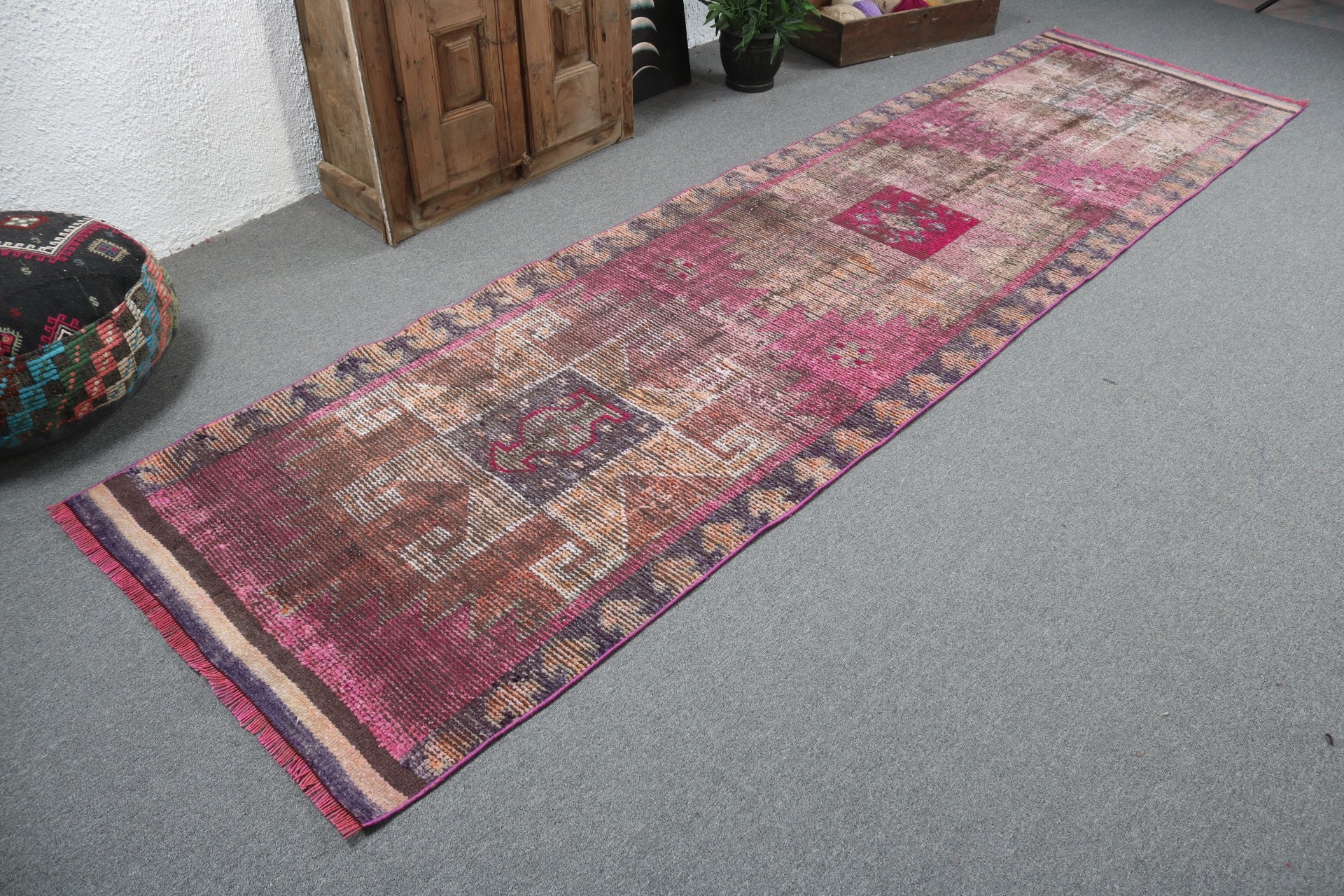 3.2x11.8 ft Runner Rug, Corridor Rugs, Vintage Rugs, Statement Rugs, Turkish Rugs, Antique Rug, Pink Wool Rug, Boho Rug, Long Runner Rugs