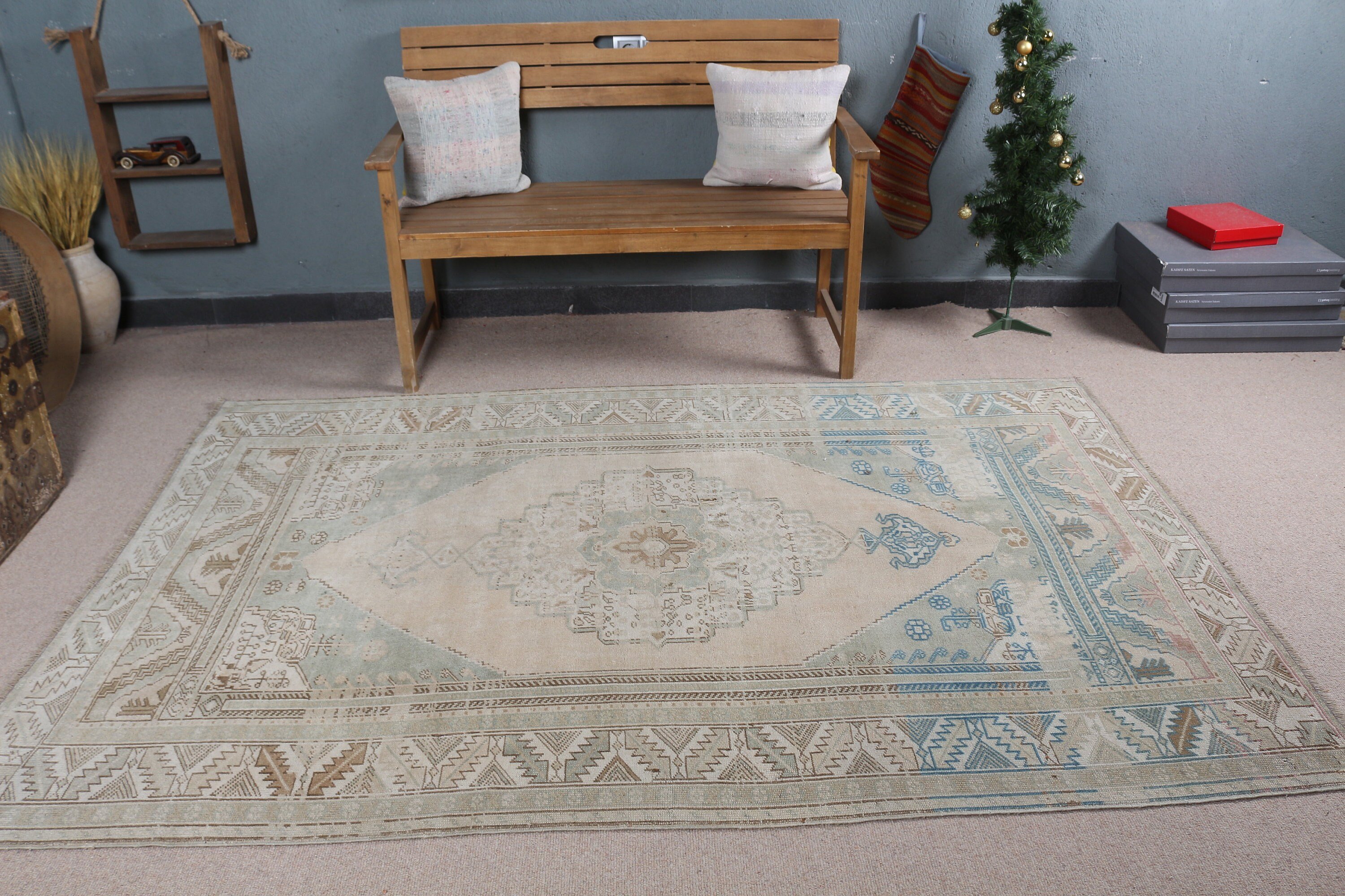 Beige Antique Rug, Turkish Rug, Bedroom Rug, Vintage Decor Rug, Living Room Rugs, Vintage Rug, 5.1x7.7 ft Area Rugs, Kitchen Rugs, Wool Rug