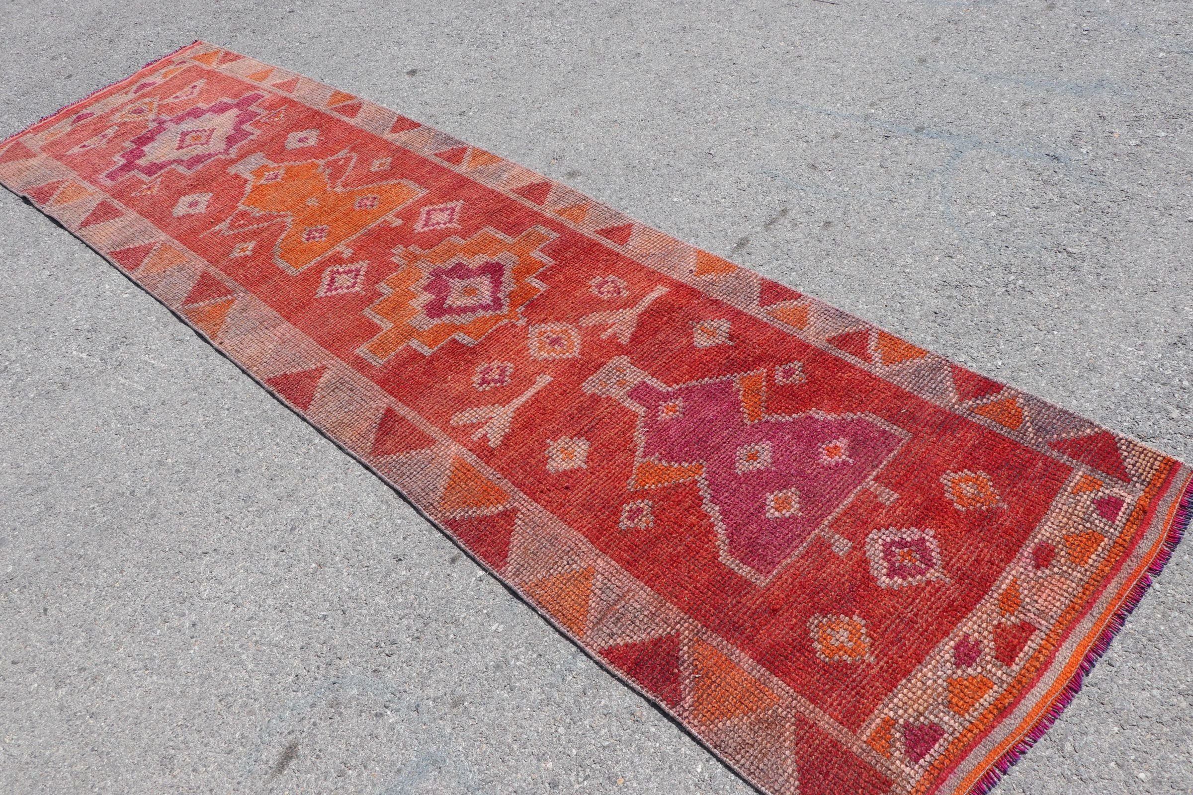 Floor Rug, Turkish Rugs, Dorm Rug, 2.8x10.8 ft Runner Rugs, Red Cool Rug, Hallway Rug, Rugs for Runner, Wool Rug, Vintage Rug, Corridor Rug