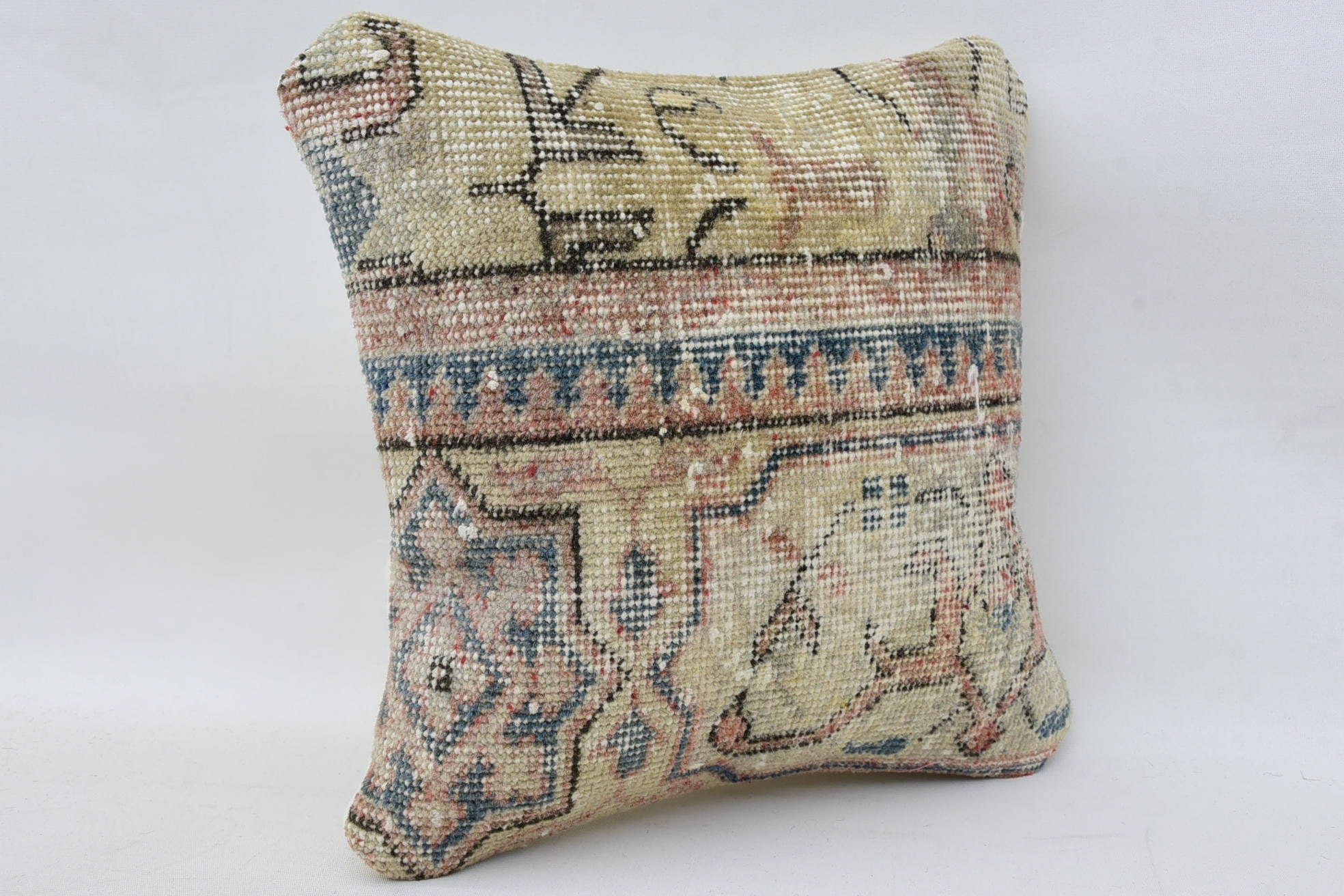 Pillow for Sofa, Turkish Kilim Pillow, 14"x14" Beige Pillow Sham, Nautical Throw Cushion Cover, Cozy Throw Pillow, Vintage Pillow