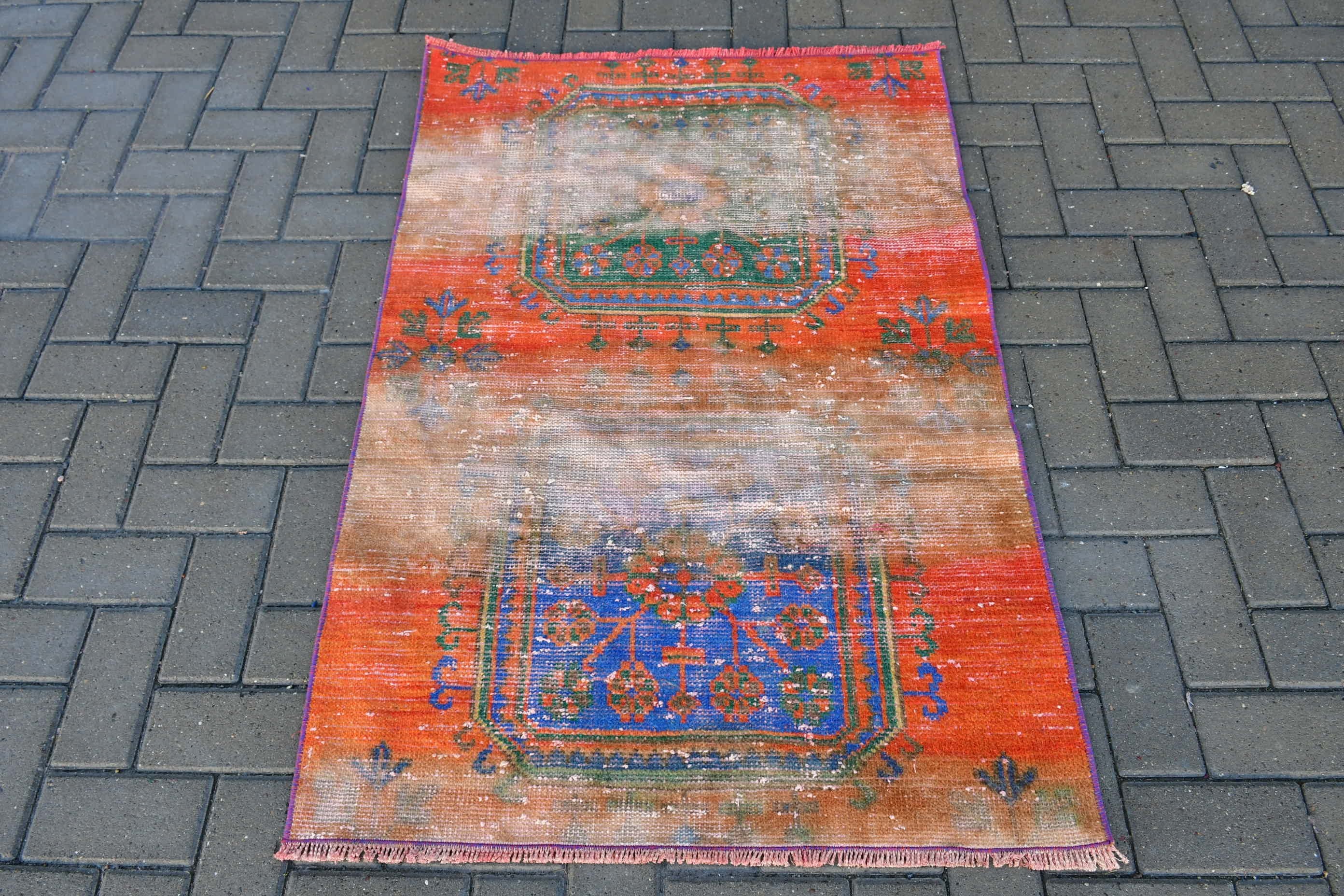 Vintage Rug, Turkish Rug, 3x4.3 ft Small Rug, Car Mat Rug, Moroccan Rugs, Bath Rug, Orange Floor Rugs, Rugs for Car Mat, Bedroom Rugs