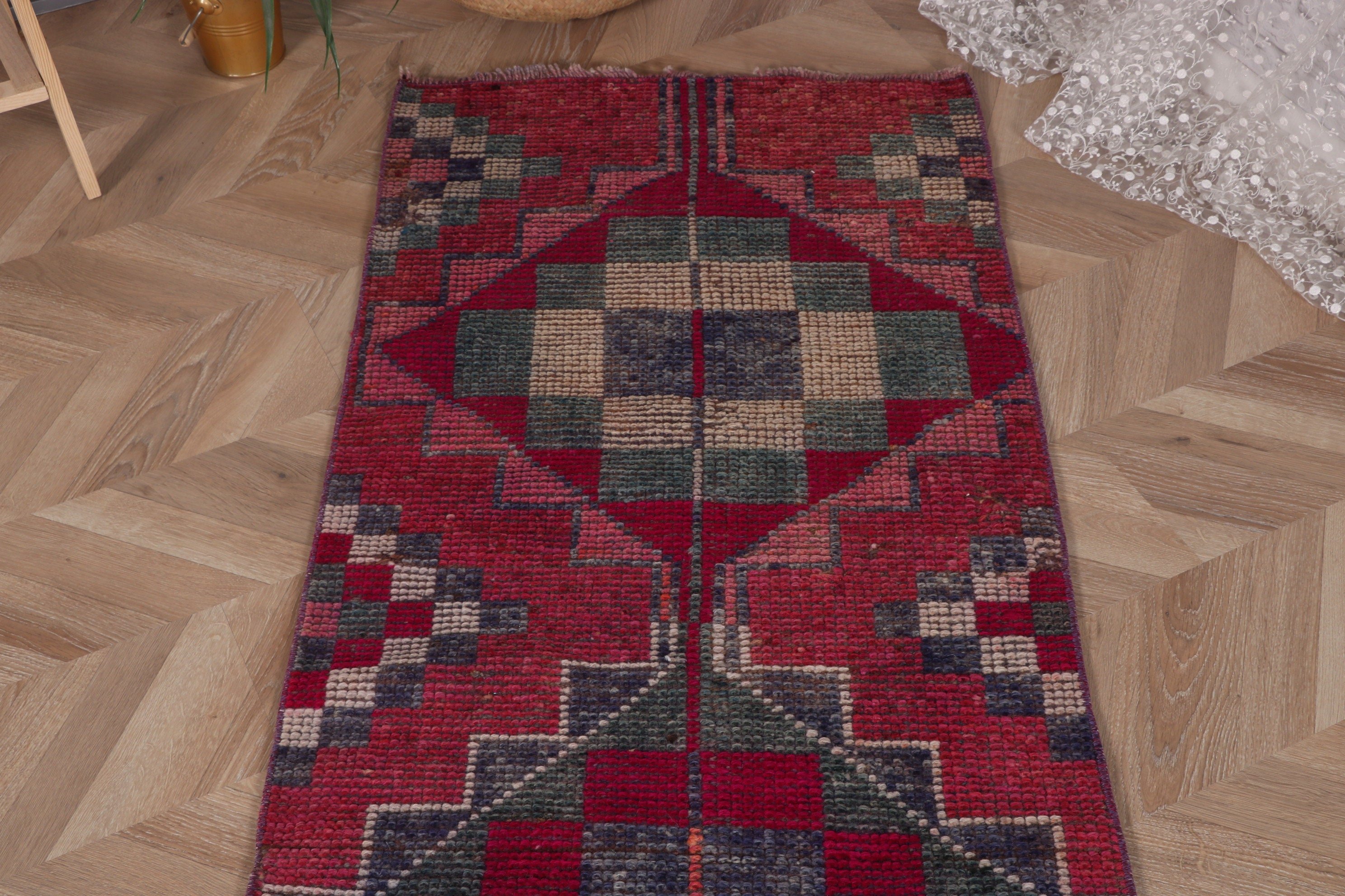 Yün Halı, Anadolu Halıları, Etnik Halılar, Vintage Halılar, Türk Halıları, Merdiven Halısı, 2.3x8.1 ft Runner Halısı, Pembe Geometrik Halılar, Uzun Runner Halısı