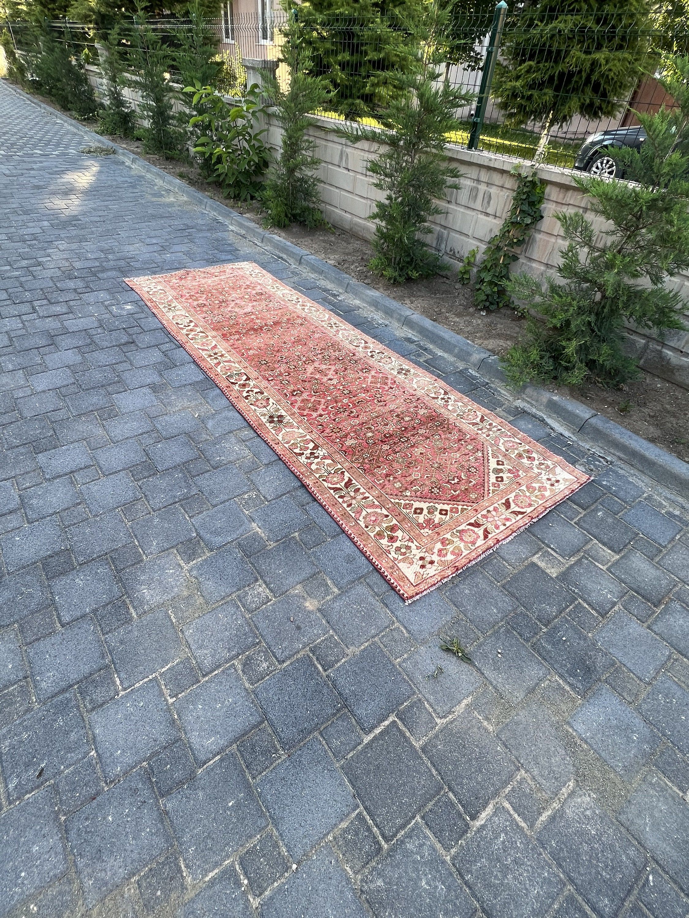 Pink Wool Rug, Bohemian Rug, Rugs for Kitchen, Corridor Rugs, Kitchen Rug, 3.7x10.6 ft Runner Rug, Vintage Rugs, Turkish Rug