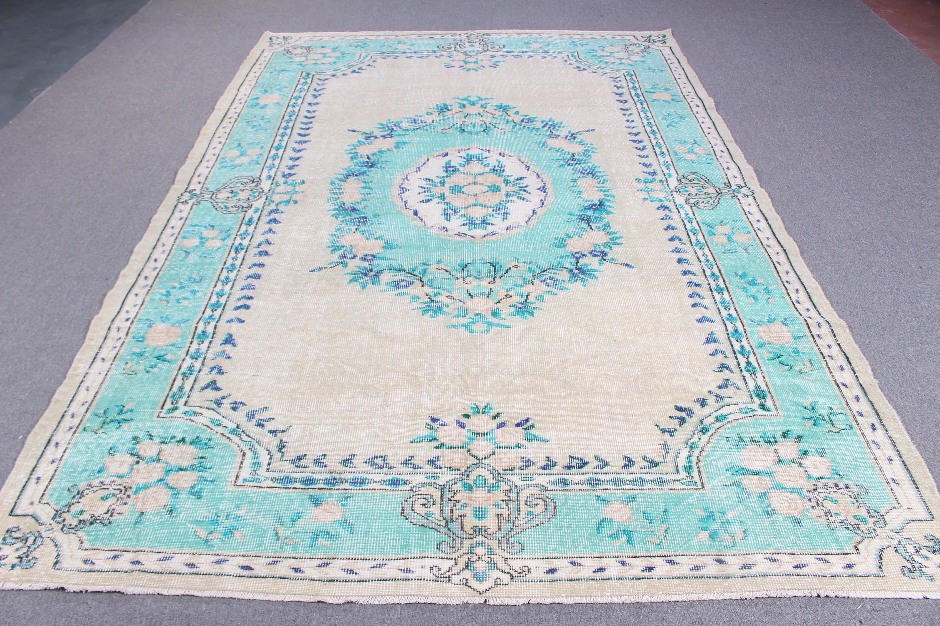 Vintage Halılar, 6.5x9.9 ft Büyük Halı, Bej Modern Halılar, Oturma Odası Halıları, Türk Halısı, Büyük Oushak Halısı, Boho Halısı, Mutfak Halısı, Modern Halı