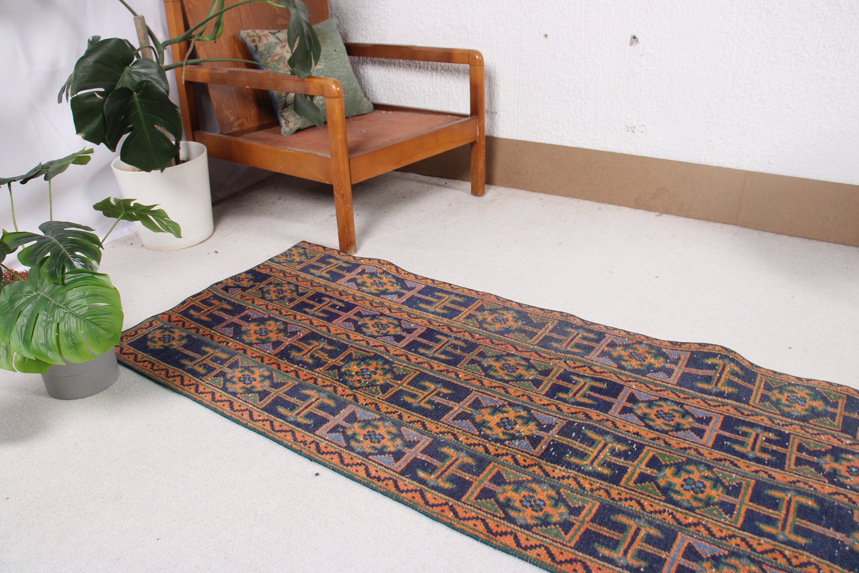 Blue Wool Rugs, Vintage Rugs, Rugs for Entry, Turkish Rug, Geometric Rugs, Kitchen Rug, Bath Rugs, 2.3x5.2 ft Small Rugs, Entry Rug