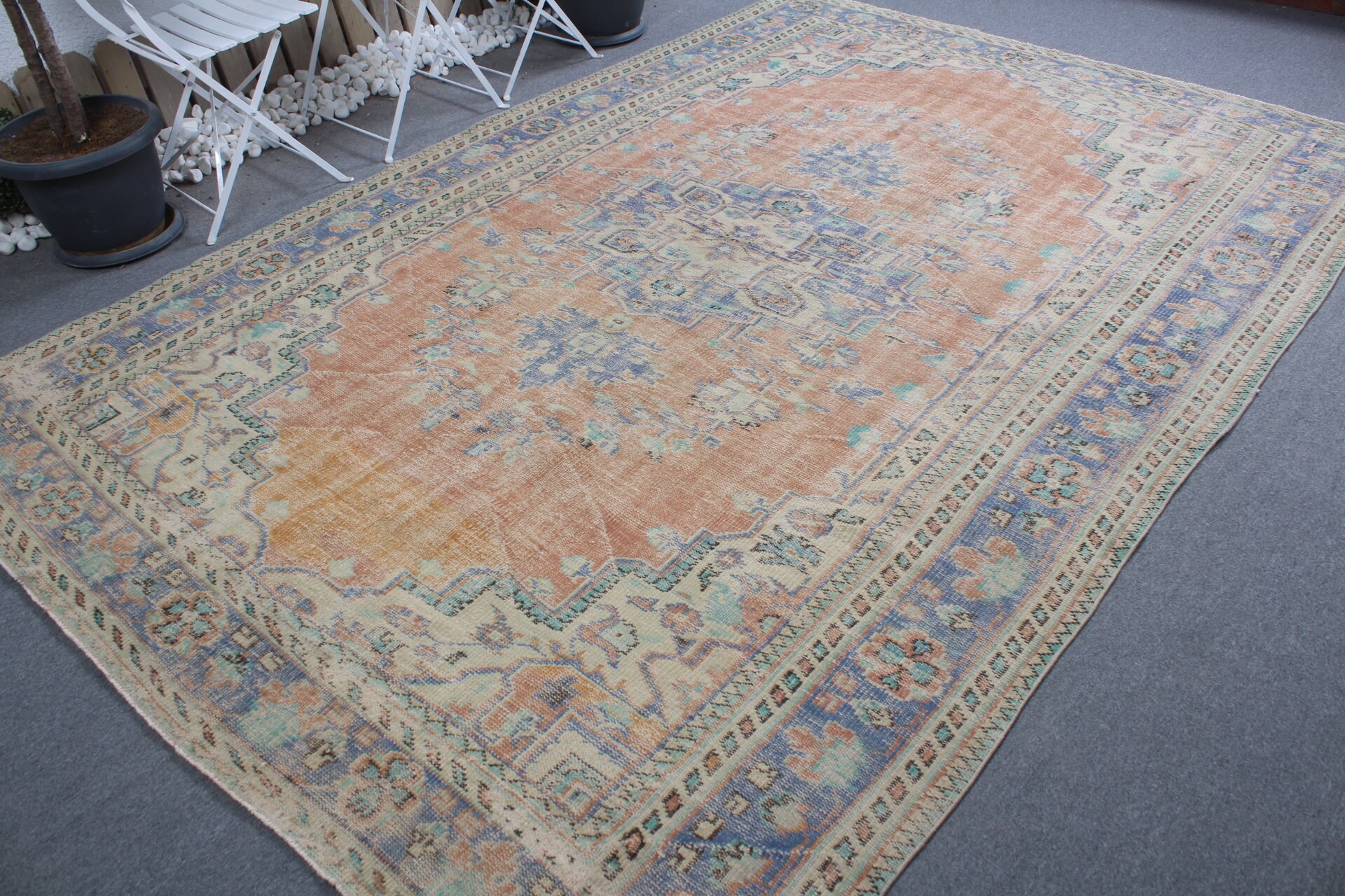 Salon Halıları, Oushak Halısı, Vintage Halılar, Turuncu 7x10.5 ft Büyük Boy Halı, Ofis Halısı, Oryantal Halılar, Salon Halıları, Türk Halısı