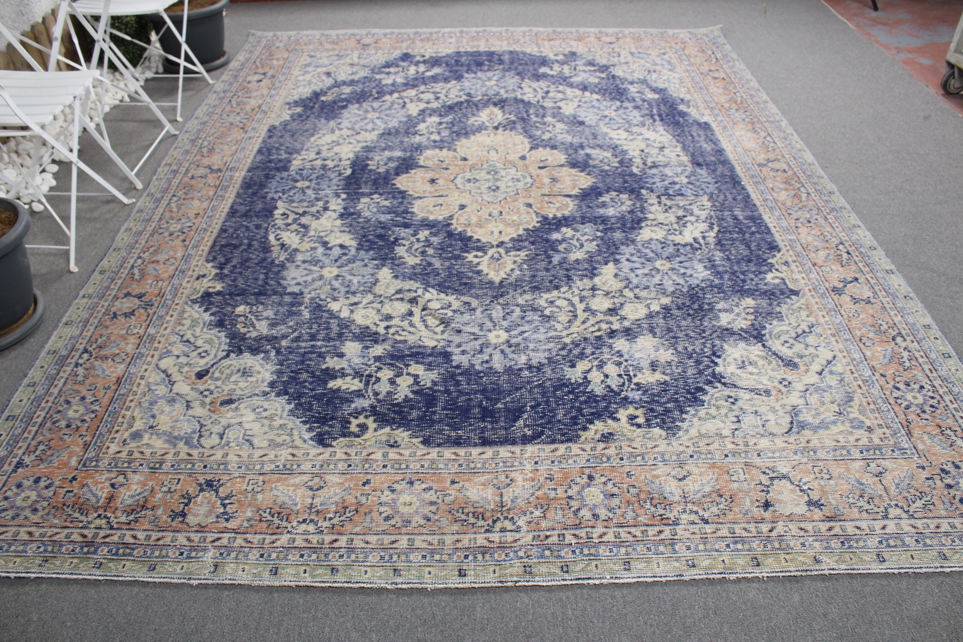 Living Room Rugs, Turkish Rug, Vintage Rug, Muted Rugs, Blue Oriental Rug, Salon Rug, 8.1x10.8 ft Oversize Rug, Kitchen Rug