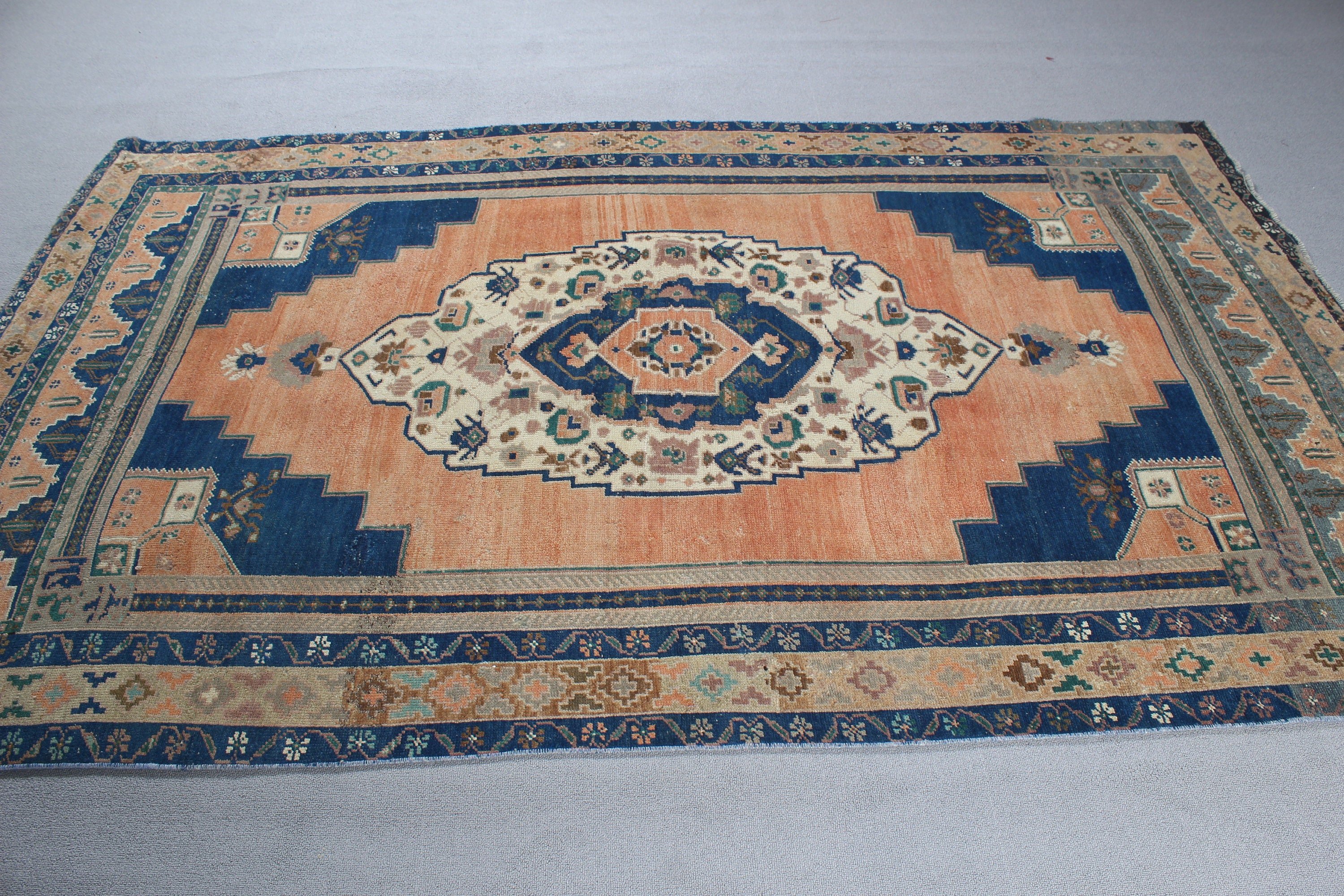 Turuncu El Dokuma Halılar, Yemek Odası Halısı, Mutfak Halıları, Vintage Halı, Türk Halıları, Ev Dekorasyonu Halısı, 5.1x8.3 ft Büyük Halı, Büyük Oushak Halısı