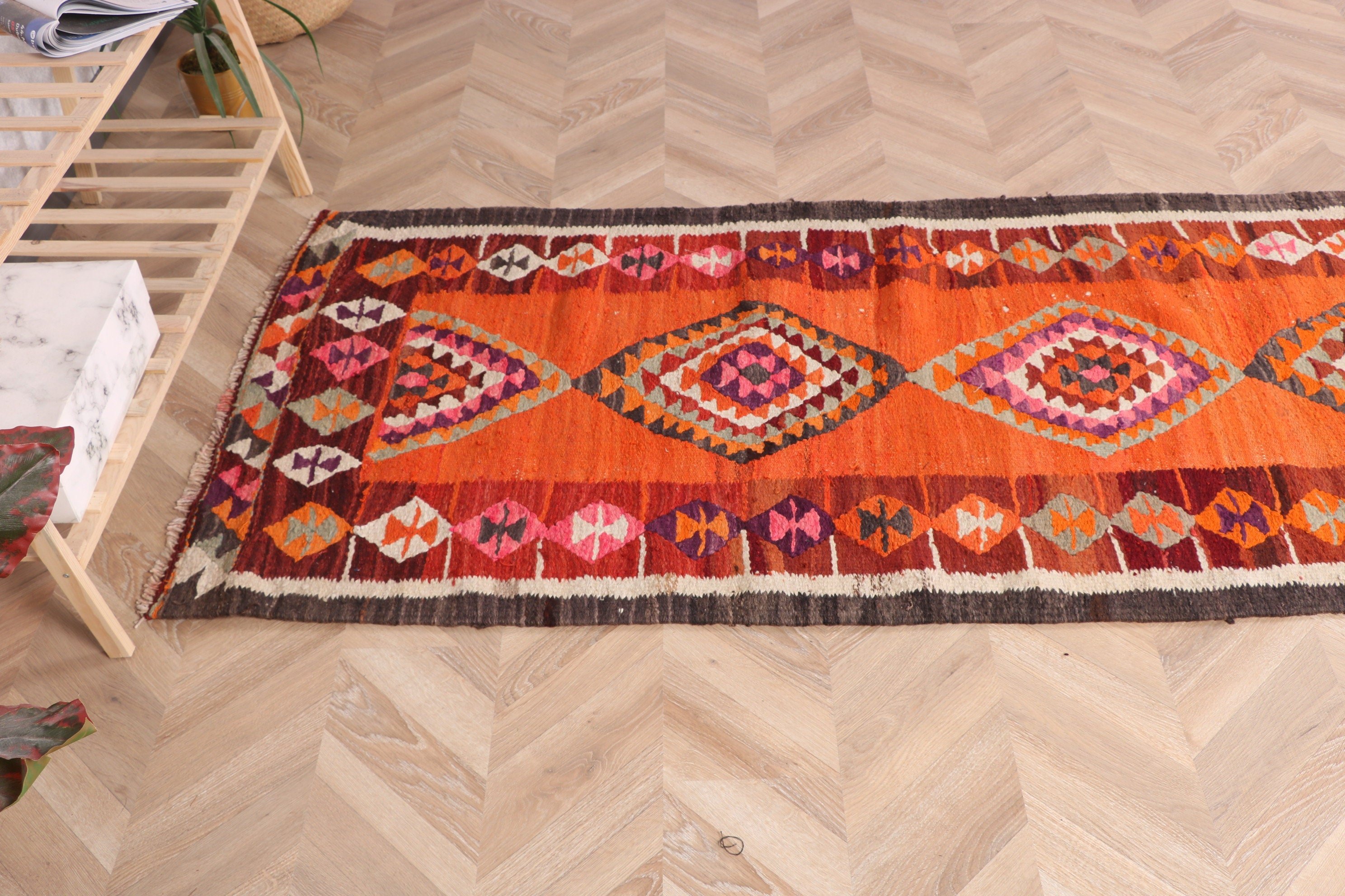 Düz Dokuma Halı, Türk Halısı, Vintage Halı, Turuncu Lüks Halı, 3x10.1 ft Runner Halısı, Beni Ourain Runner Halısı, Mutfak Halıları, Ev Dekorasyonu Halısı