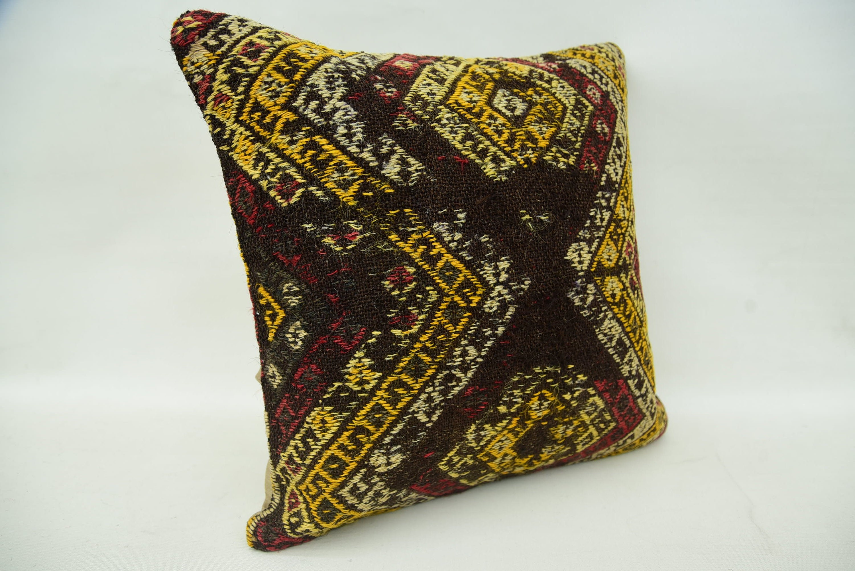 Turkish Pillow, Vintage Kilim Throw Pillow, Interior Designer Pillow, 16"x16" Brown Pillow Cover, Turkish Corner Cushion Case