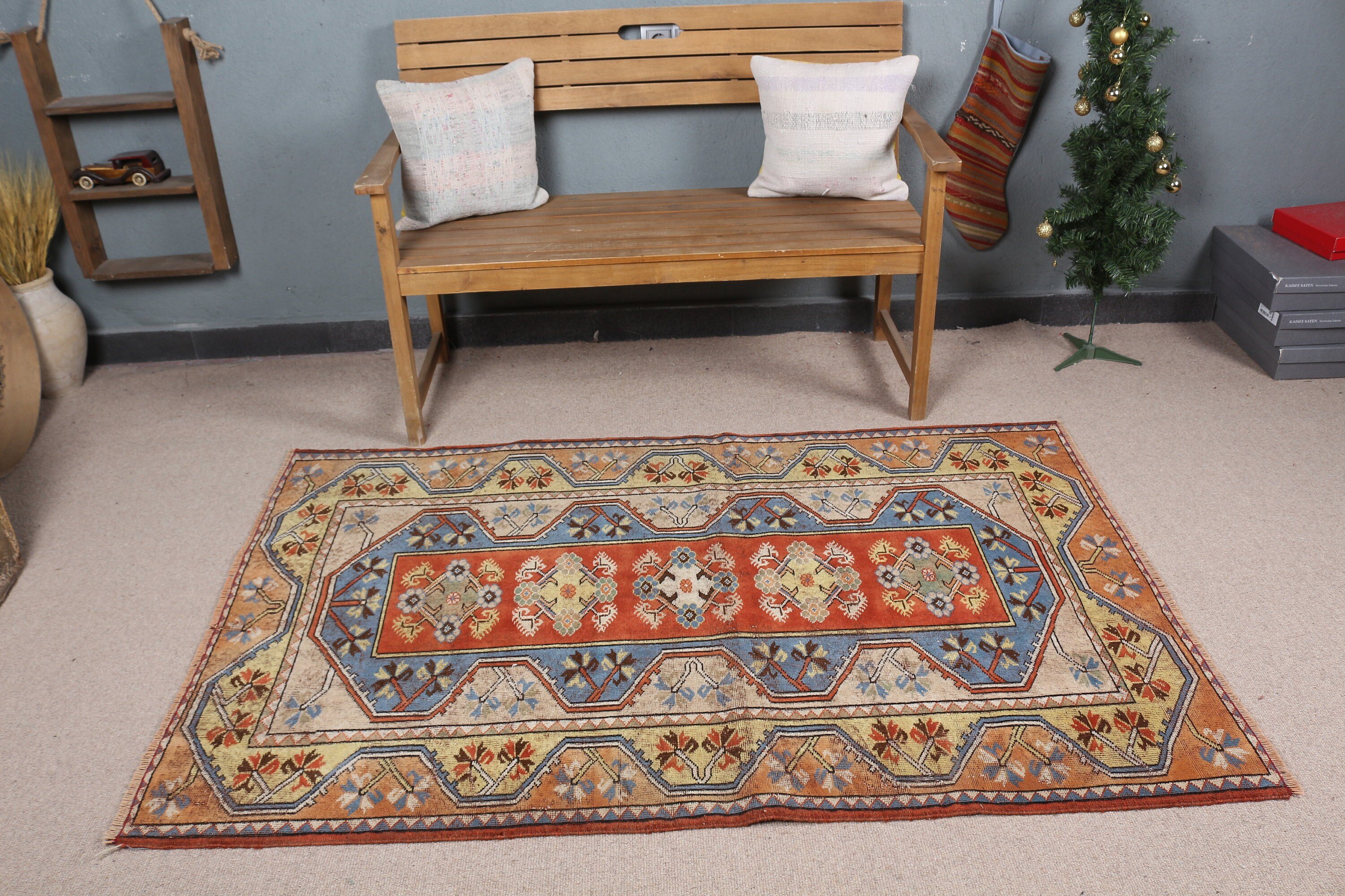 Mutfak Halısı, Vintage Halı, Sessiz Halı, Oushak Halı, 3,8x5,9 ft Accent Halı, Türk Halıları, Mavi Yer Halısı, Yatak Odası Halıları, Çocuk Odası Halısı