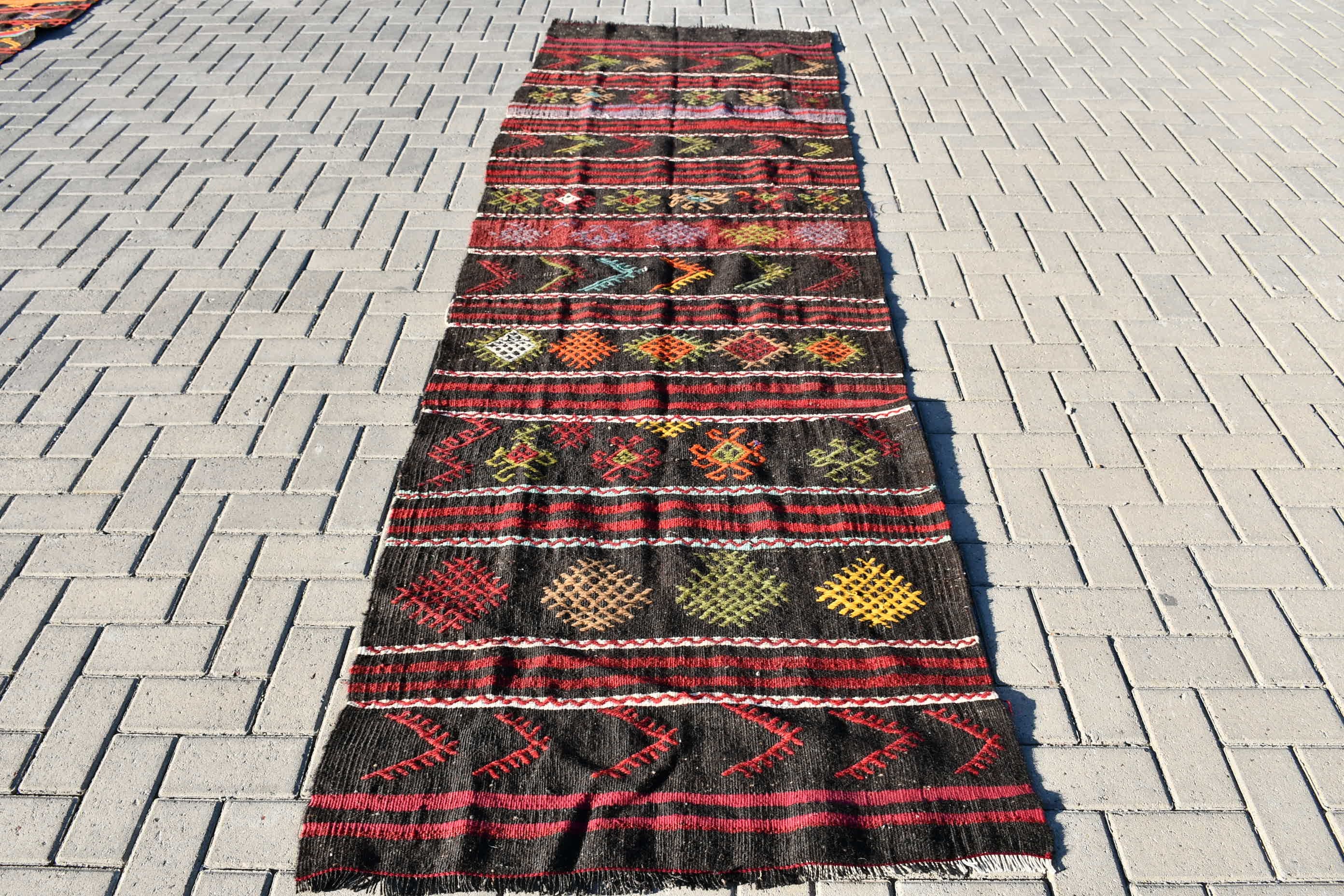 3.3x10.8 ft Runner Rugs, Vintage Rug, Corridor Rug, Floor Rug, Rugs for Runner, Black Wool Rugs, Oushak Rug, Turkish Rug, Stair Rug, Kilim