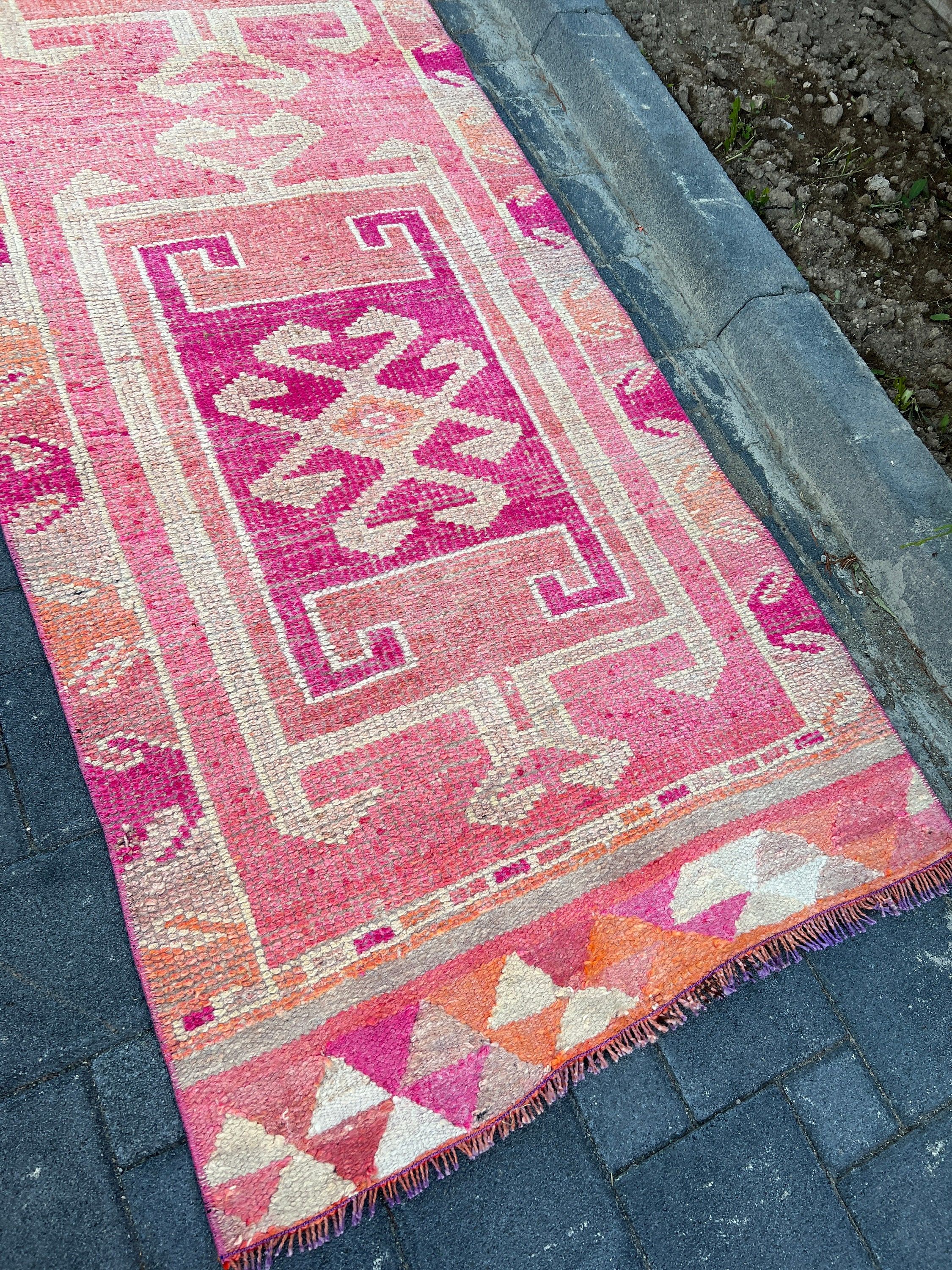 Hallway Rug, Turkish Rugs, Bedroom Rug, 3x10.3 ft Runner Rugs, Pink Antique Rugs, Vintage Rug, Corridor Rug, Retro Rugs