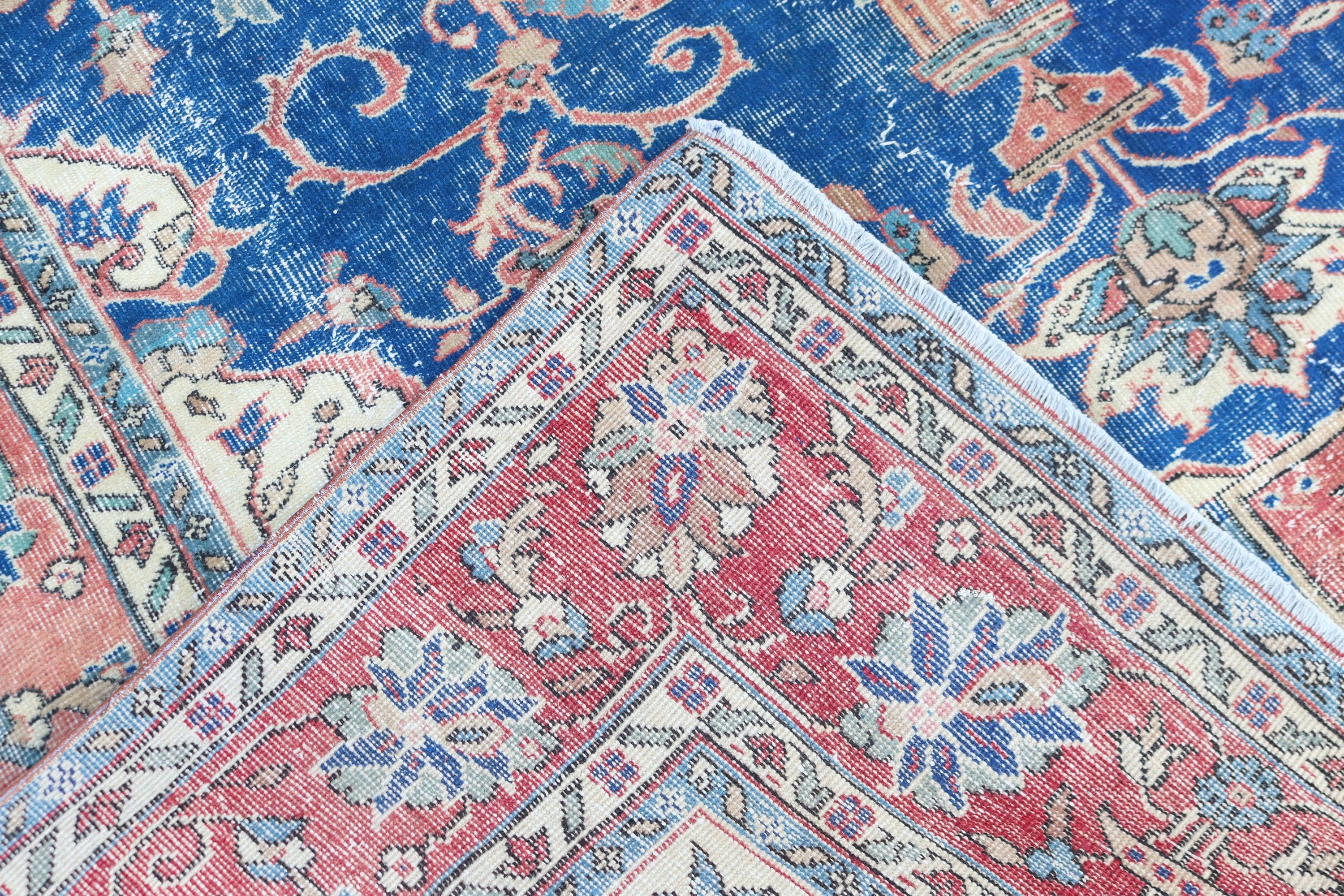 Büyük Vintage Halı, 6.8x9.8 ft Büyük Halılar, Büyük Boho Halı, Vintage Halı, Düz Dokuma Halı, Türk Halıları, Mavi Nötr Halılar