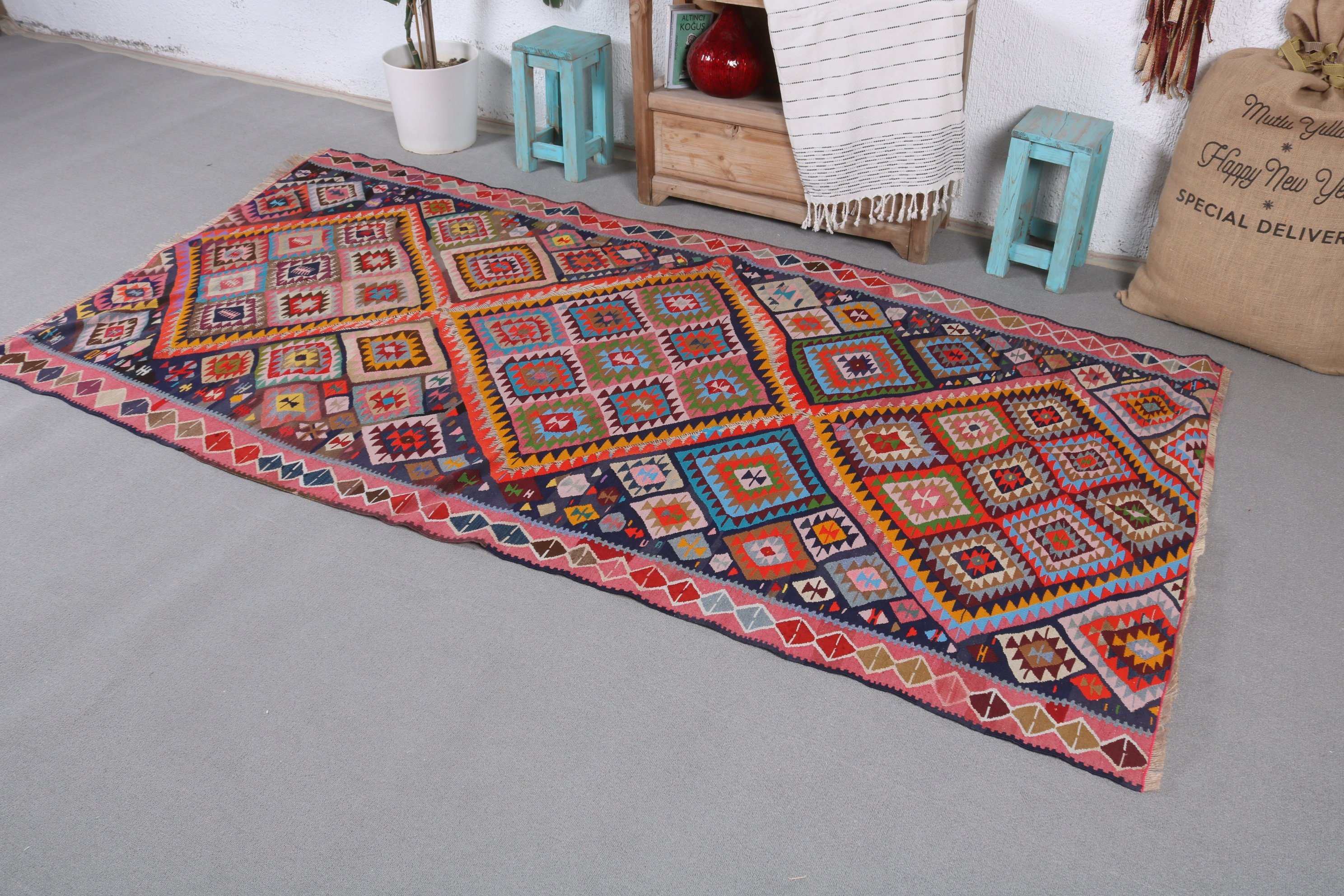 Yemek Odası Halısı, Mutfak Halısı, Kilim, 4.1x8.1 ft Alan Halıları, Türk Halıları, Vintage Halı, Pembe Antika Halı, Ev Dekor Halısı, Yatak Odası Halıları