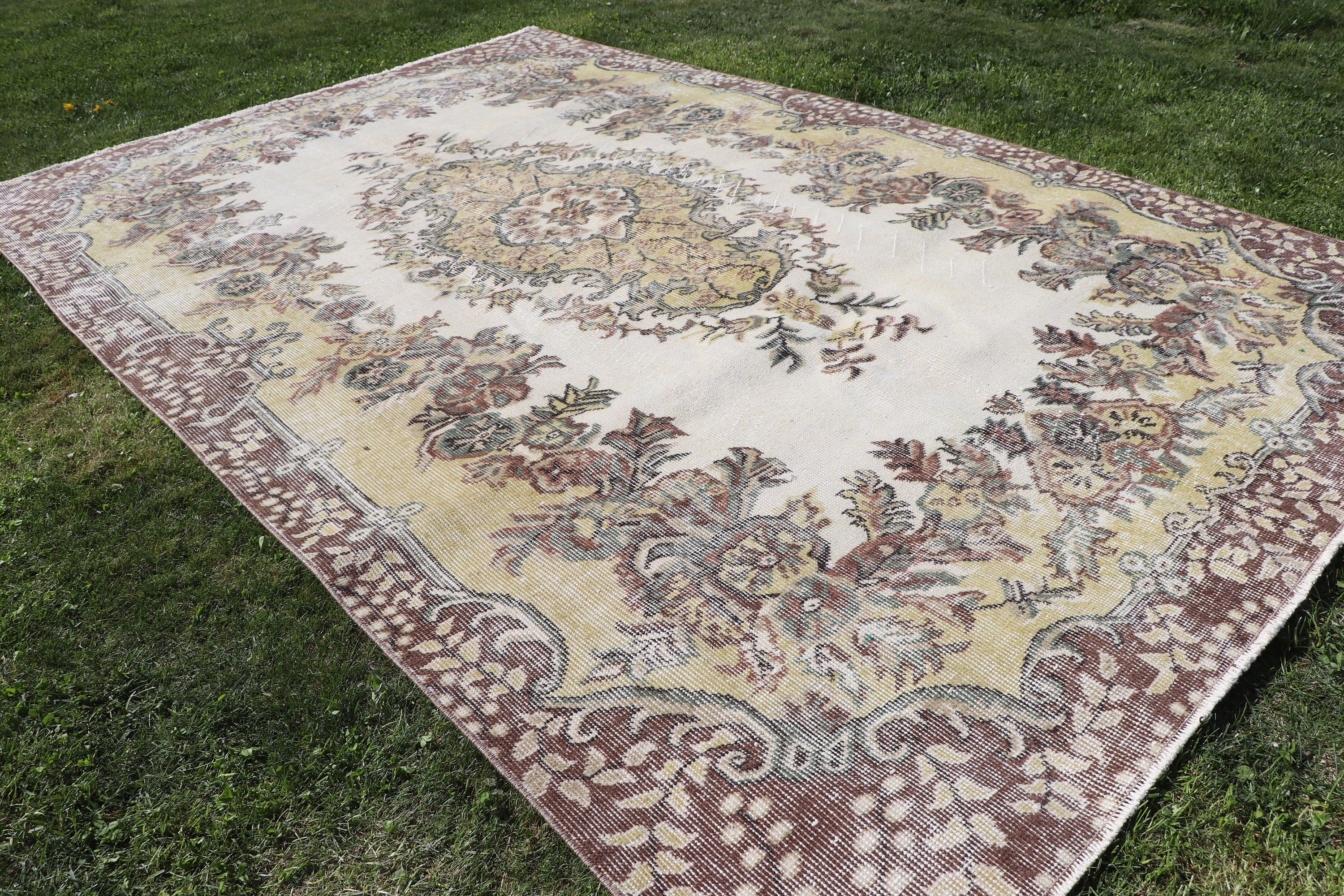 Oushak Halıları, 5.5x8.8 ft Büyük Halı, Vintage Halı, Türk Halıları, Egzotik Halılar, Salon Halısı, Bej Anadolu Halısı, Geometrik Halılar, Yemek Odası Halısı