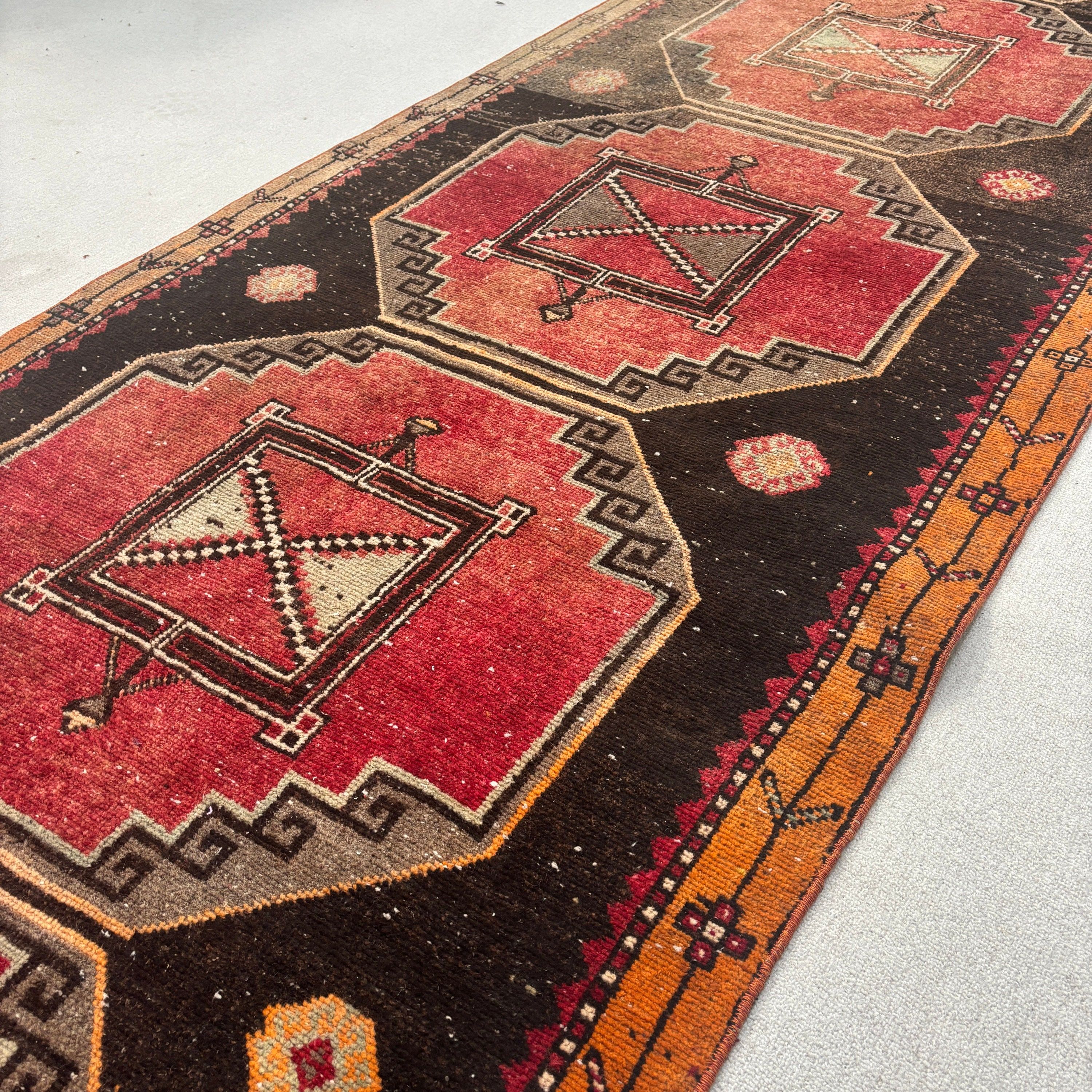 Moroccan Rugs, Turkish Rugs, Vintage Rug, 3.6x12.8 ft Runner Rugs, Neutral Rugs, Red Geometric Rugs, Rugs for Runner, Hallway Rugs