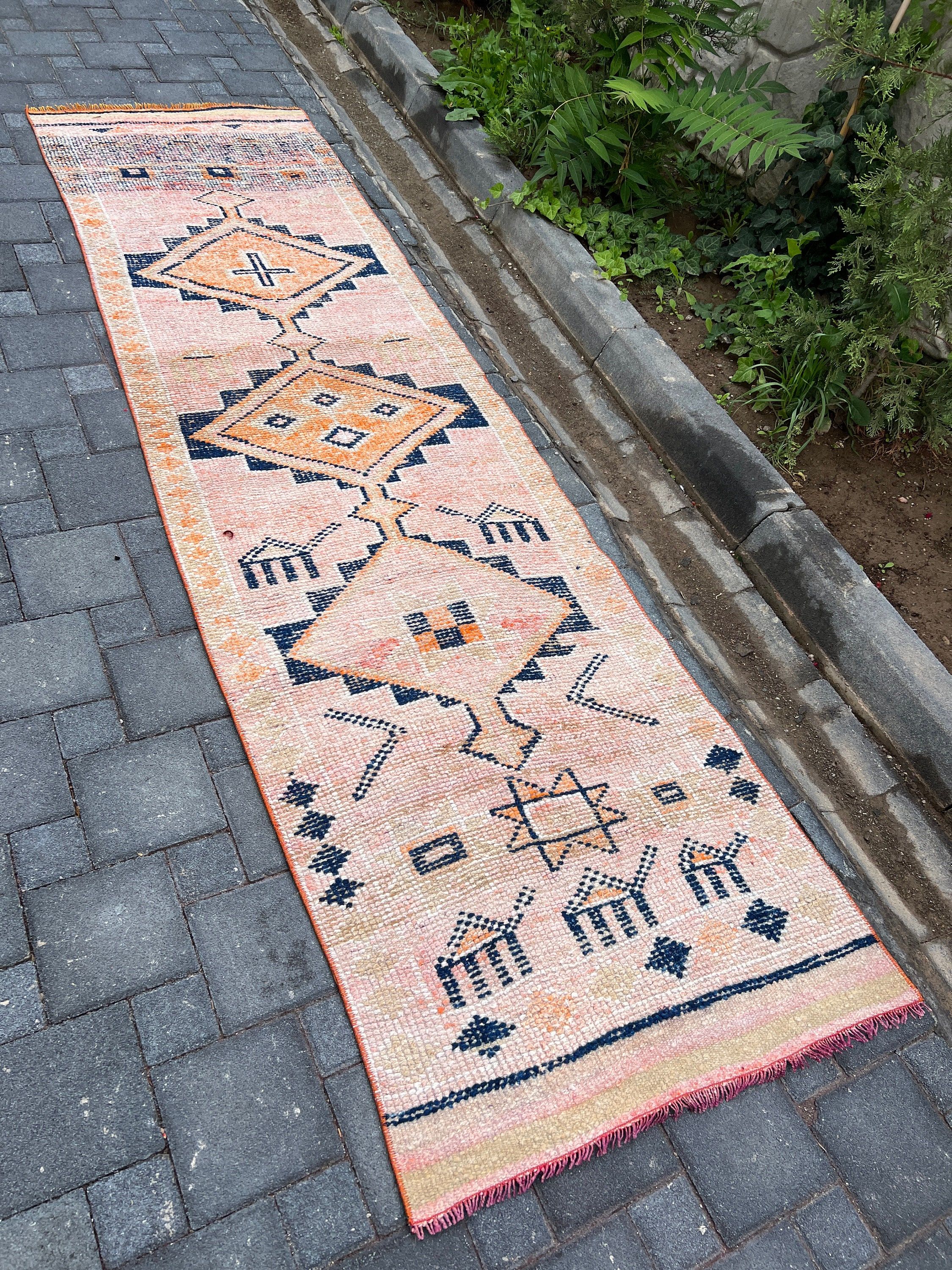 Pembe Mutfak Halısı, Boho Halısı, Oryantal Halısı, Koridor Halıları, Yün Halısı, Vintage Dekor Halıları, 2.8x10.1 ft Runner Halısı, Türk Halısı, Vintage Halılar