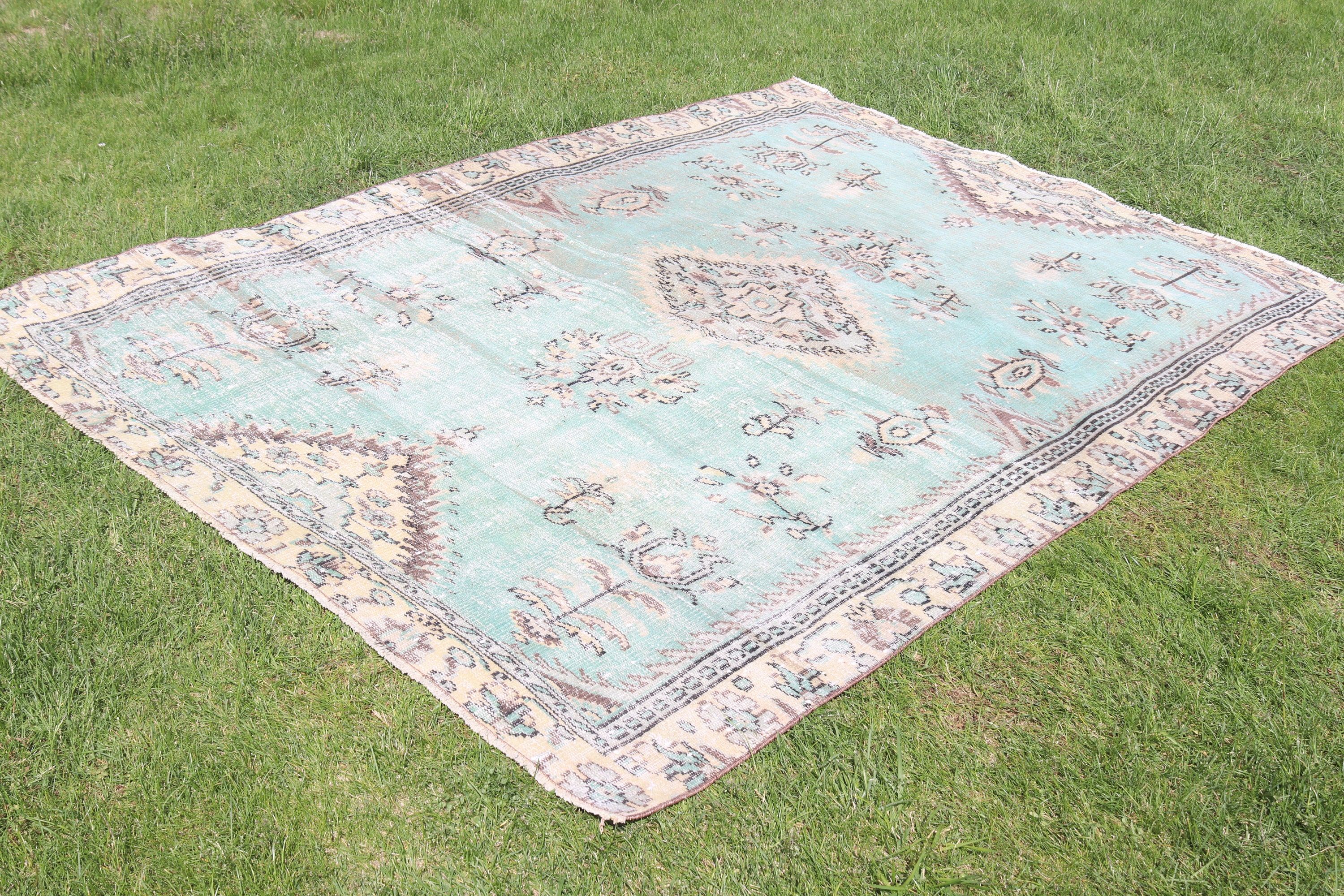 Geometrik Halı, Yer Halısı, Büyük Vintage Halı, Yeşil Oushak Halıları, 5,8x8,2 ft Büyük Halılar, Türk Halısı, Vintage Halı, Fas Halıları, Yatak Odası Halısı