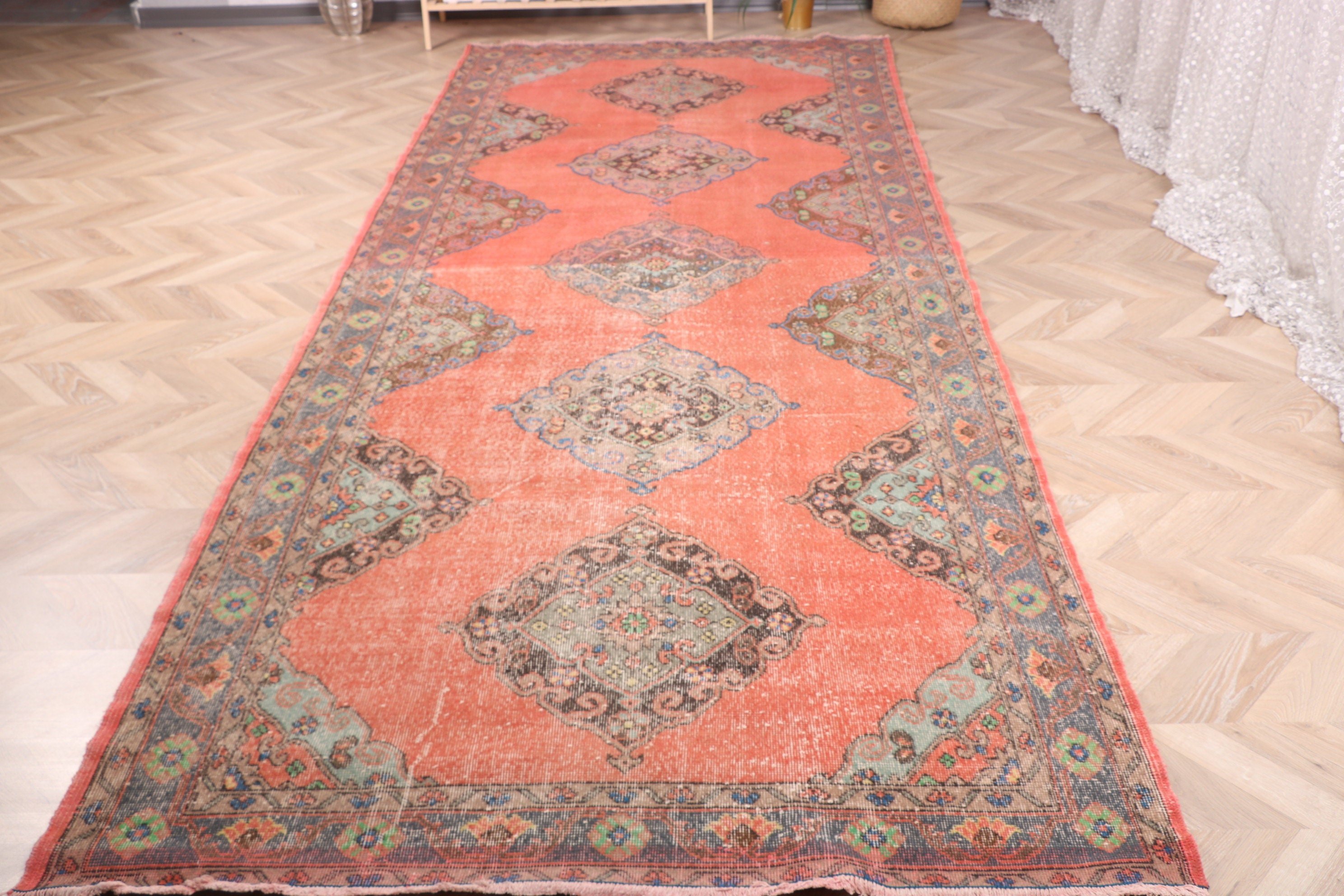 Turkish Rug, Red Floor Rug, Vintage Rugs, Oriental Rug, 4.9x12.3 ft Runner Rug, Corridor Rugs, Wool Rug, Rugs for Long Runner, Kitchen Rug