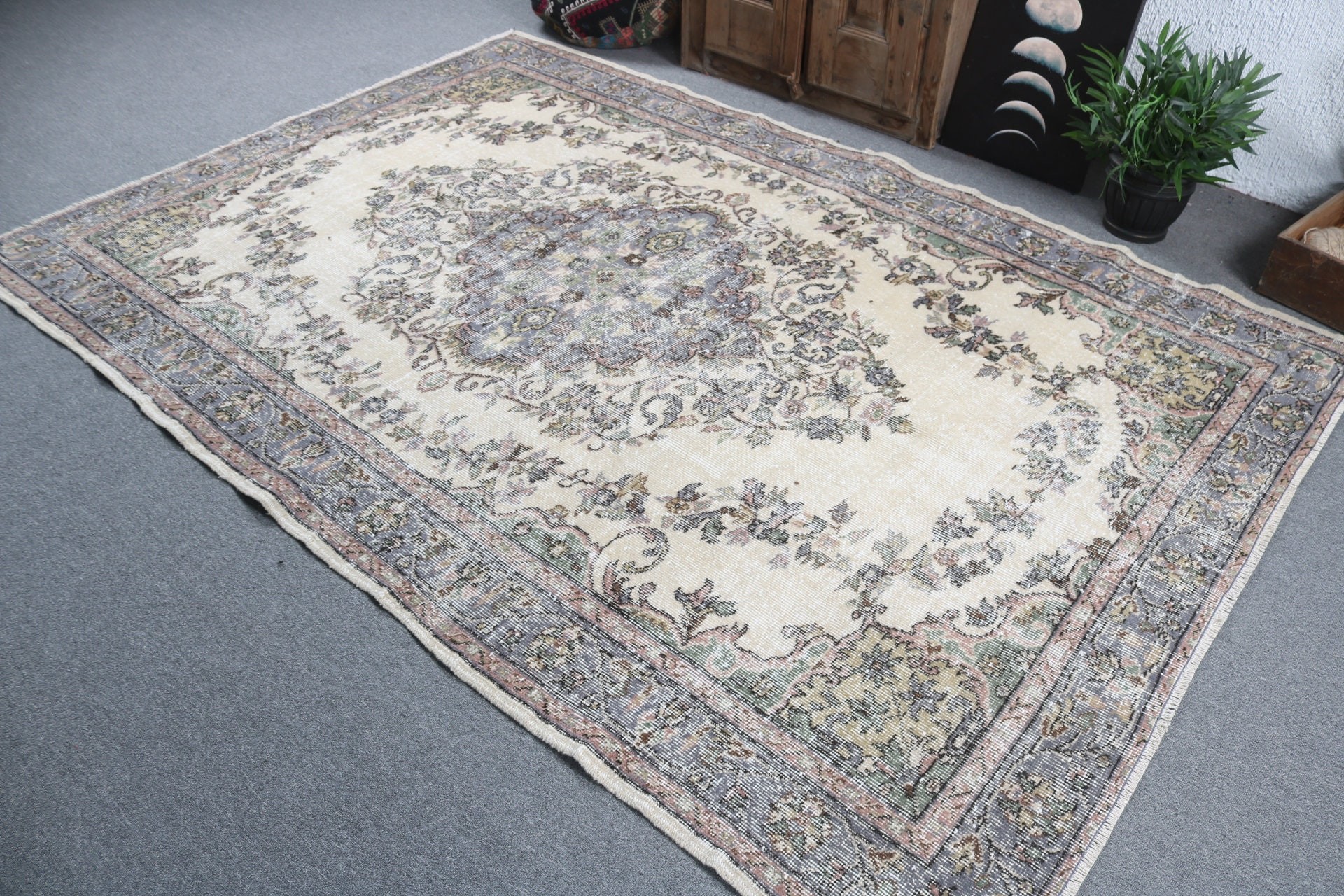 Gri El Dokuma Halılar, Vintage Halı, Yer Halısı, Oturma Odası Halıları, Türk Halıları, 6x8.7 ft Büyük Halı, Boho Halıları, Yemek Odası Halısı, El Dokuma Halıları