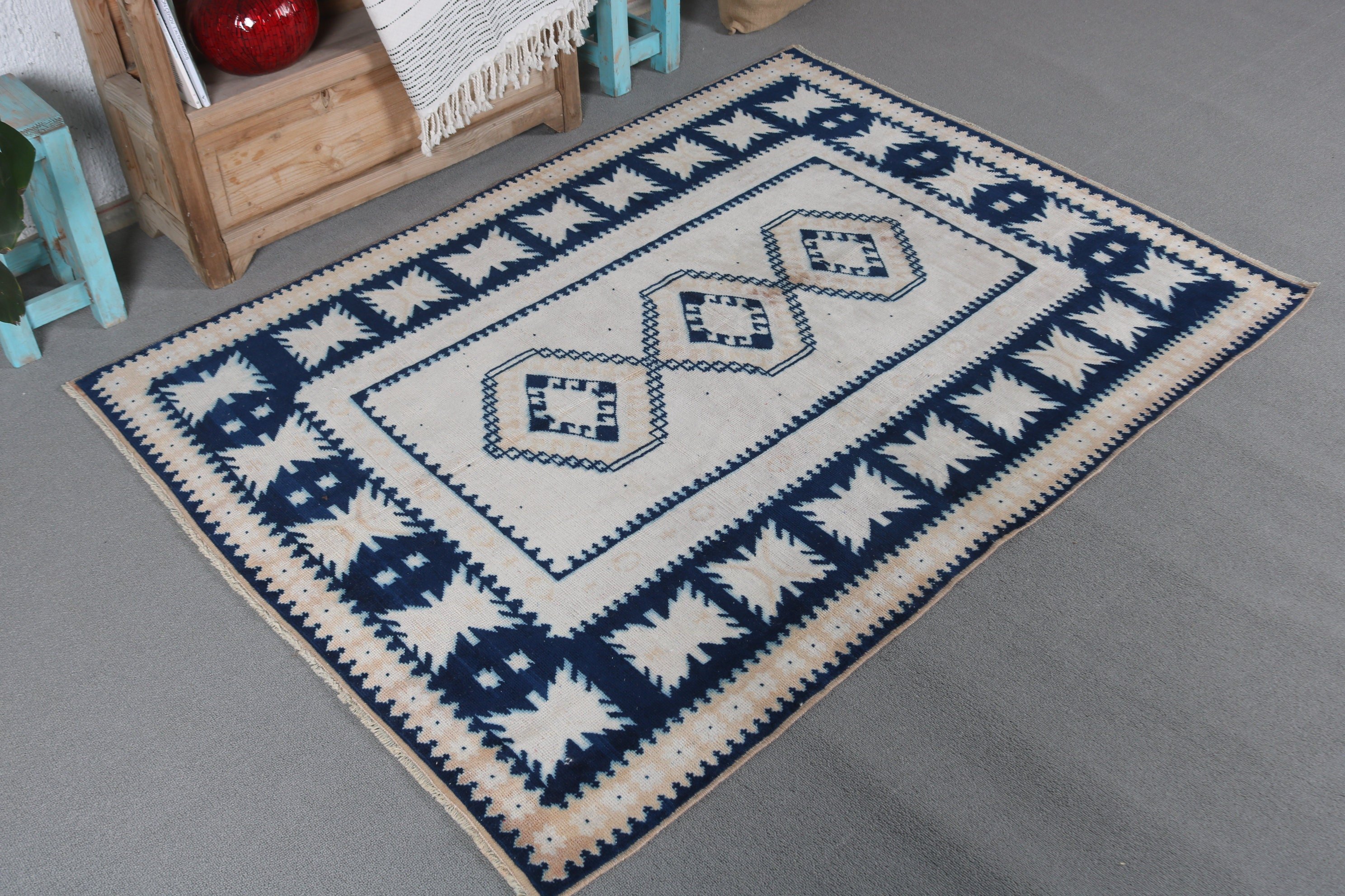 Turkish Rug, Vintage Rugs, Rugs for Entry, Entry Rug, Blue  3.8x5.4 ft Accent Rugs, Wool Rugs, Nursery Rug