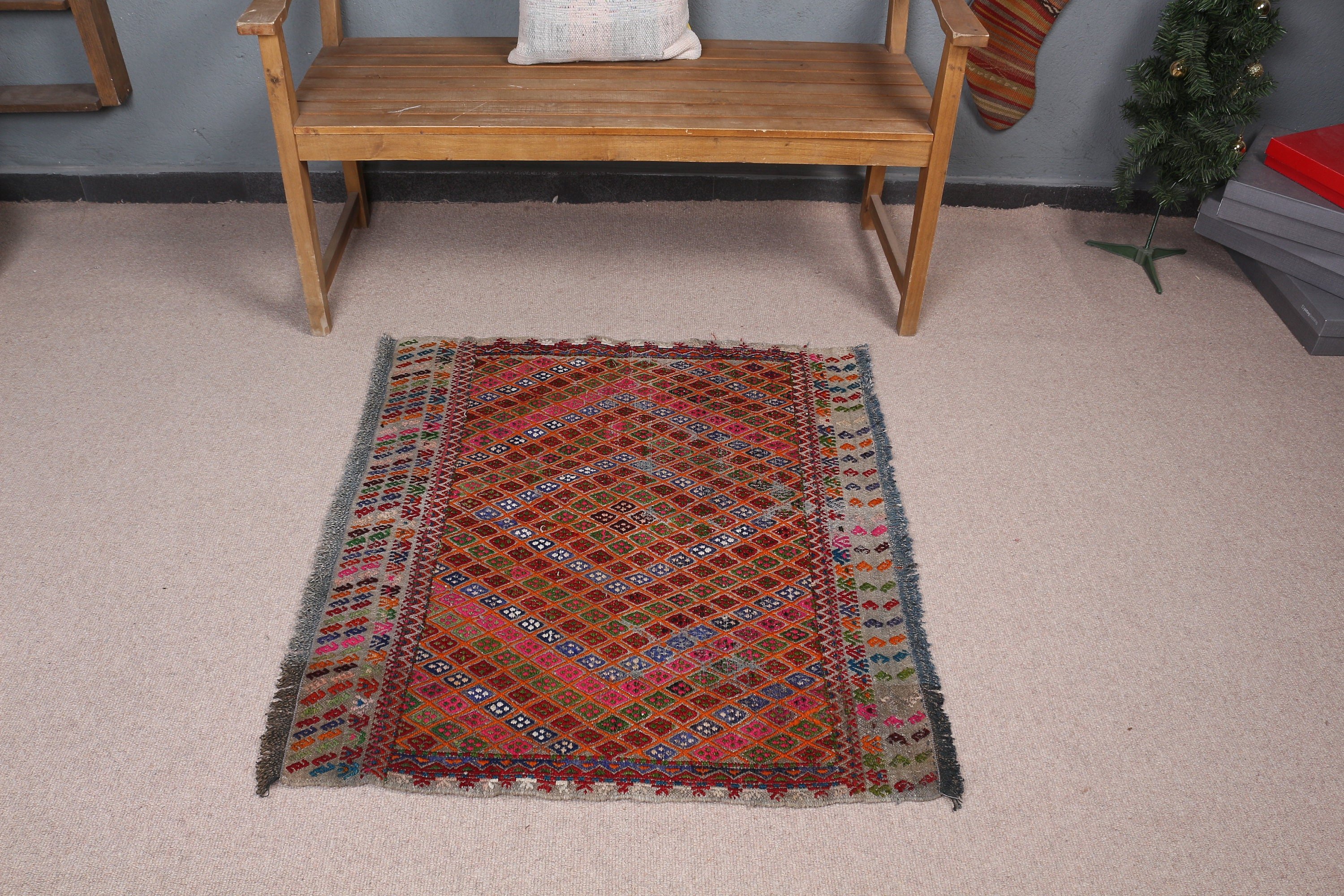 Turkish Rug, Kilim, Rainbow  3x3.4 ft Small Rug, Door Mat Rug, Aztec Rug, Vintage Rug, Kitchen Rugs, Nursery Rugs, Oushak Rug