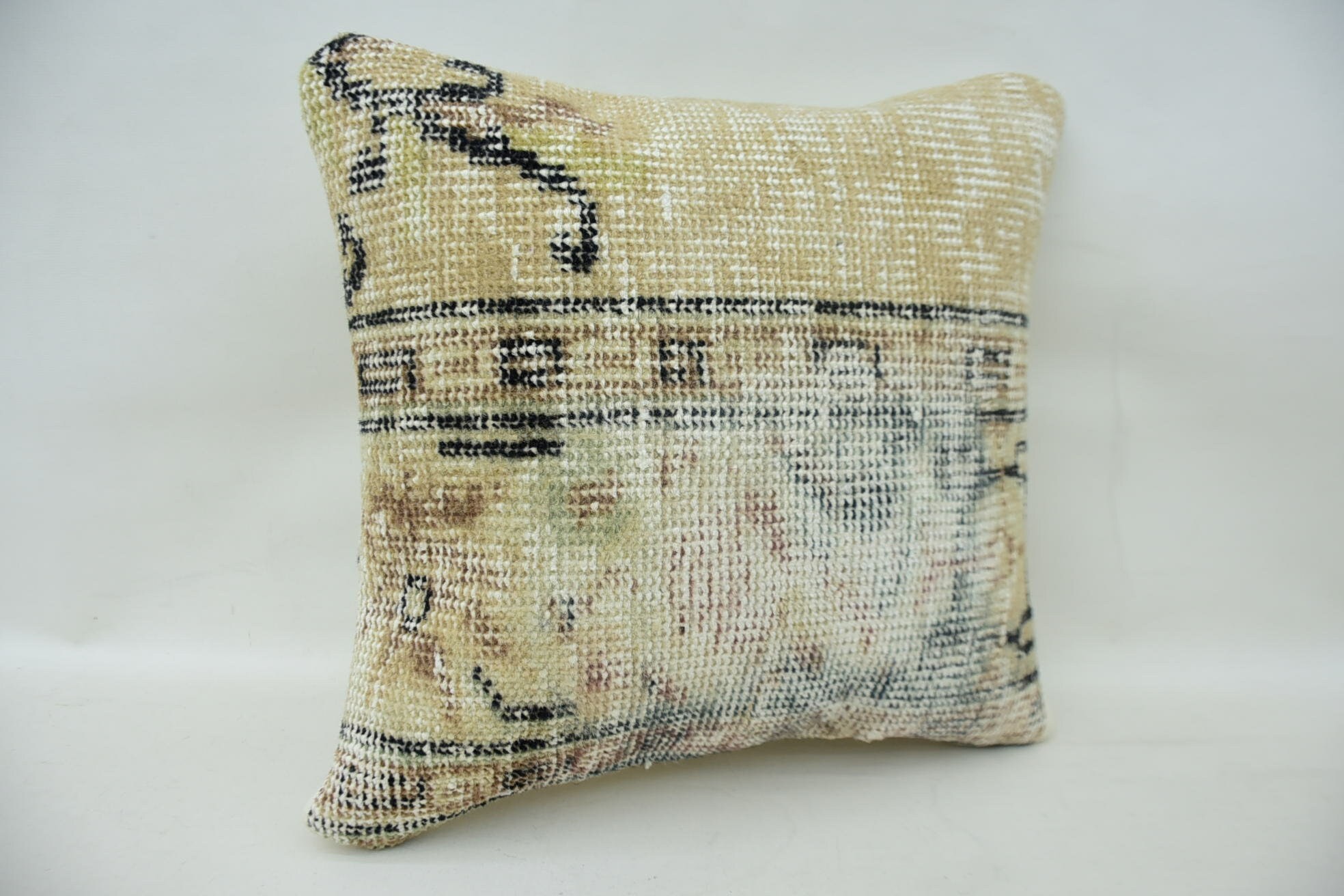 Vintage Kilim Throw Pillow, Ethnical Kilim Rug Pillow, Wool Kilim Pillow Cushion Case, Turkish Pillow, 16"x16" Beige Cushion Case