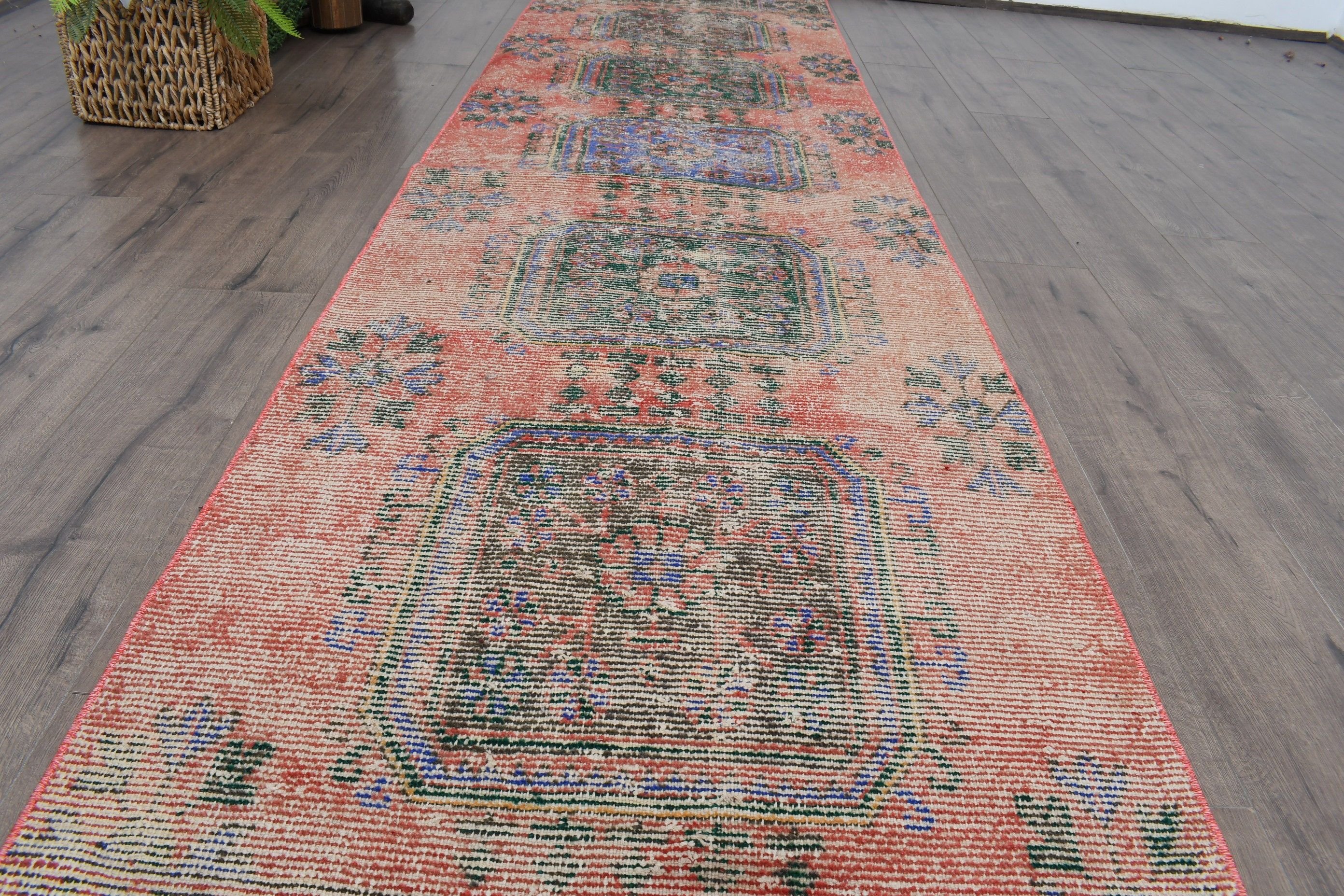 Orange Oriental Rug, Bohemian Rug, 2.9x11.1 ft Runner Rugs, Kitchen Rug, Turkish Rugs, Stair Rug, Rugs for Runner, Oushak Rugs, Vintage Rug