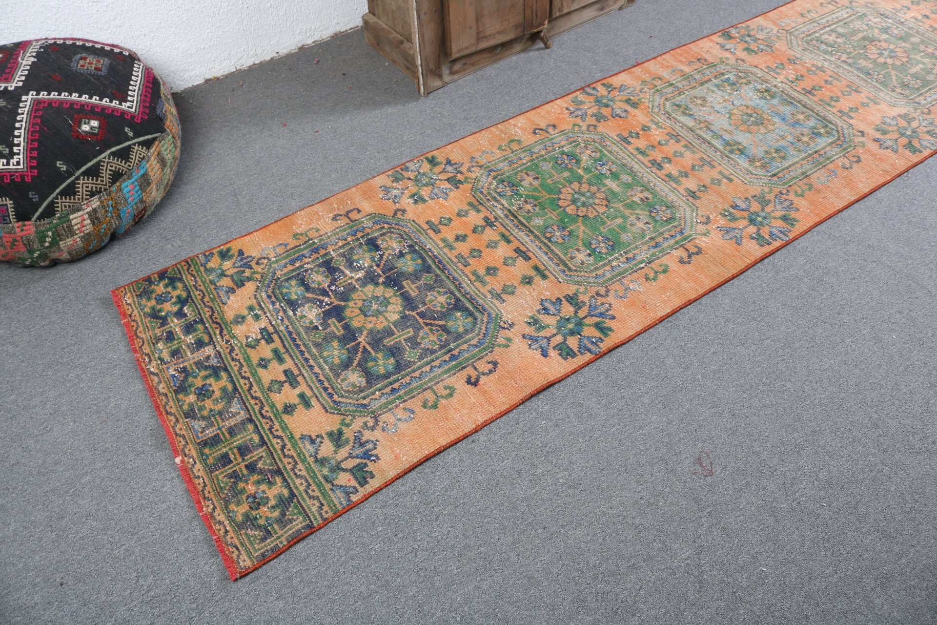 Mutfak Halıları, 2,5x11,6 ft Runner Halıları, Vintage Runner Halıları, Turuncu Havalı Halılar, Türk Halıları, Oushak Halısı, Vintage Halılar, Boho Halıları