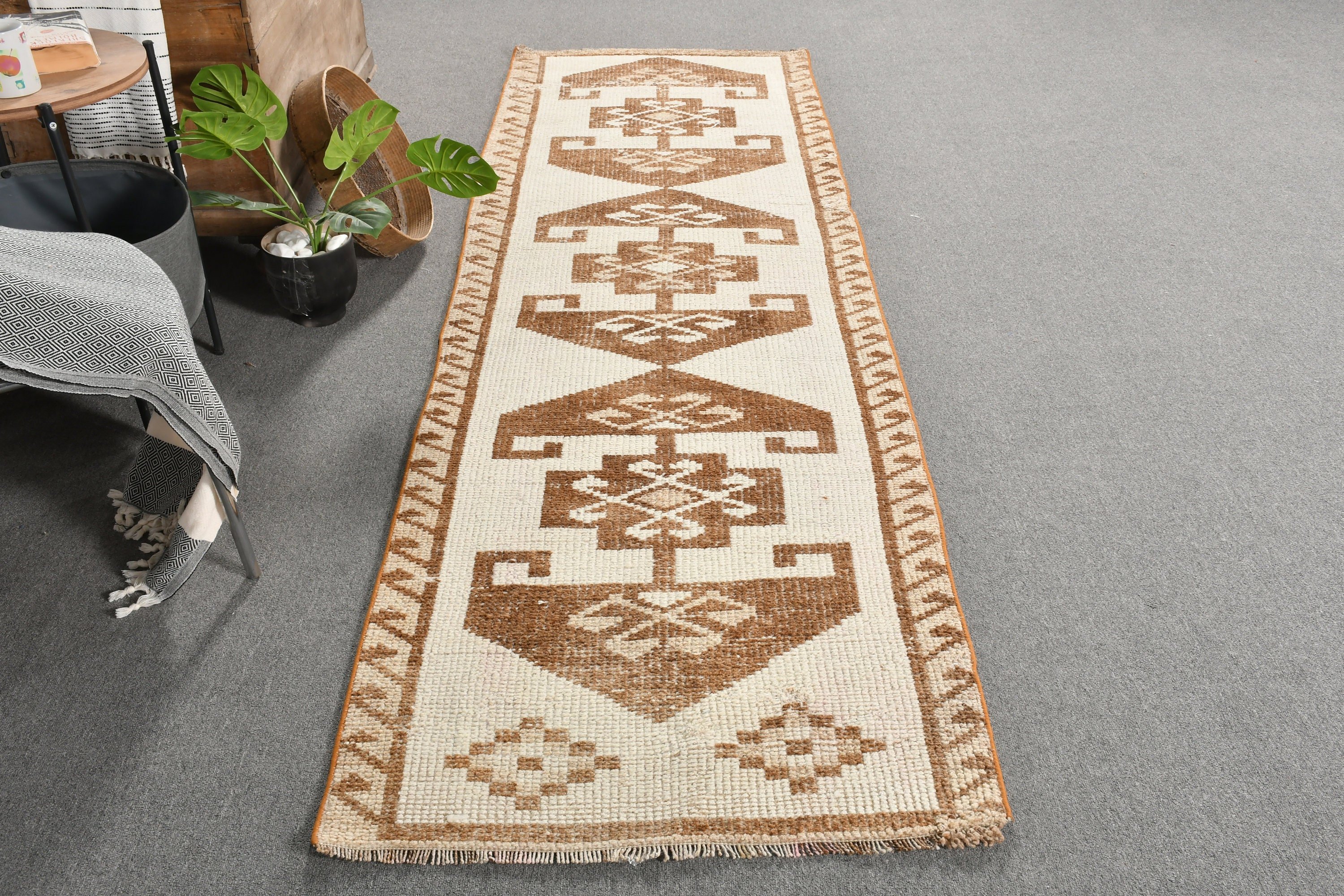 2.8x9.6 ft Runner Halı, Boho Halılar, Runner Halıları, Beyaz Oryantal Halı, Fas Halısı, Koridor Halısı, Vintage Halılar, Türk Halıları