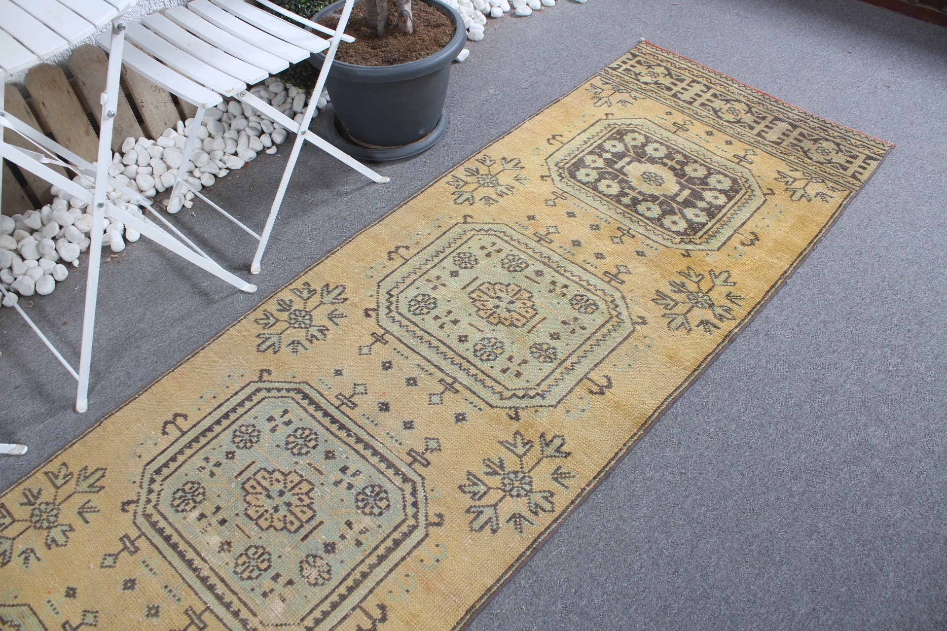 Vintage Halı, Sarı Oryantal Halılar, Mutfak Halıları, Türk Halısı, Koridor Halısı, 2.7x10.3 ft Yolluk Halısı, Koridor Halıları