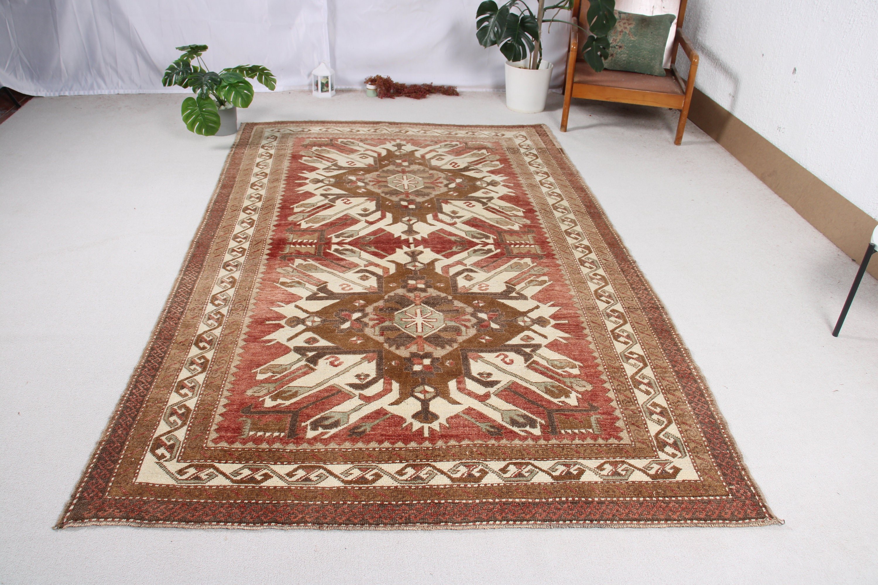 Modern Halılar, Aztek Halısı, 5.6x9 ft Büyük Halılar, Büyük Vintage Halılar, Büyük Oushak Halısı, Türk Halıları, Vintage Halılar, Kırmızı Oushak Halısı