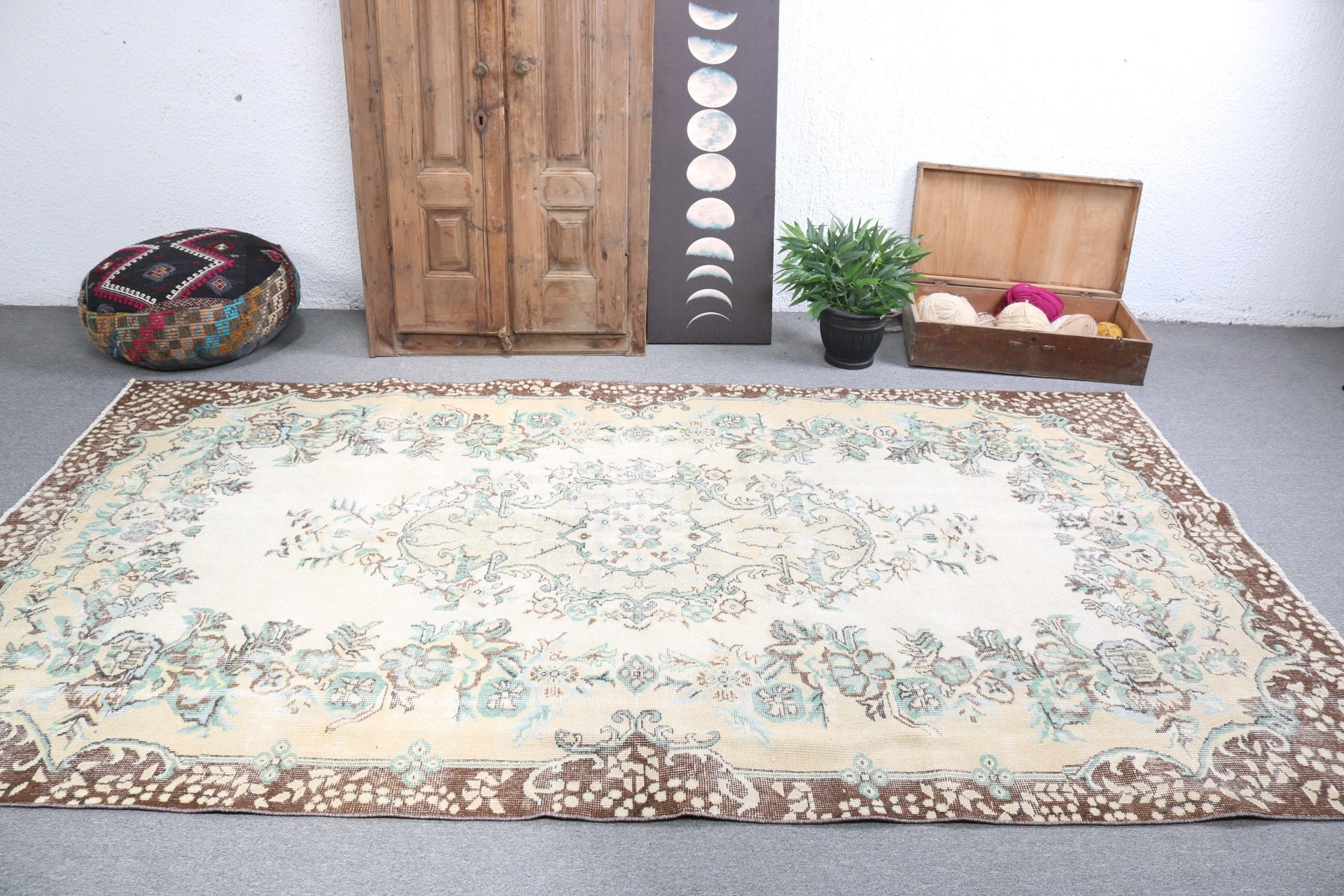 Bej El Dokuma Halılar, Salon Halısı, Vintage Halılar, Yer Halısı, Türk Halıları, Geometrik Halılar, Büyük Vintage Halı, 5.6x9.5 ft Büyük Halı, Boho Halı