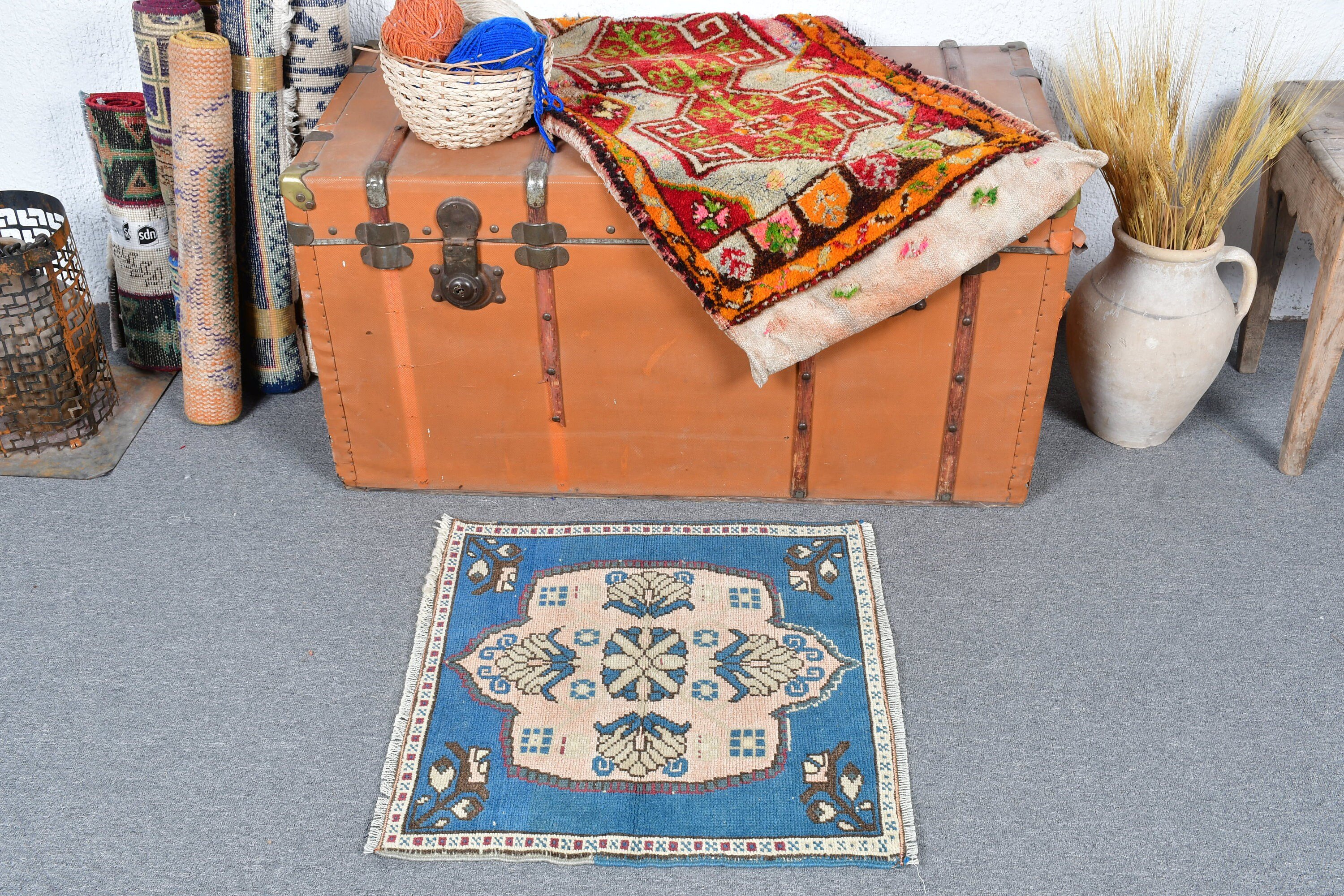 Rugs for Kitchen, Bath Rug, Boho Rug, 1.9x1.9 ft Small Rug, Floor Rugs, Entry Rug, Vintage Rug, Blue Floor Rug, Turkish Rug, Moroccan Rug