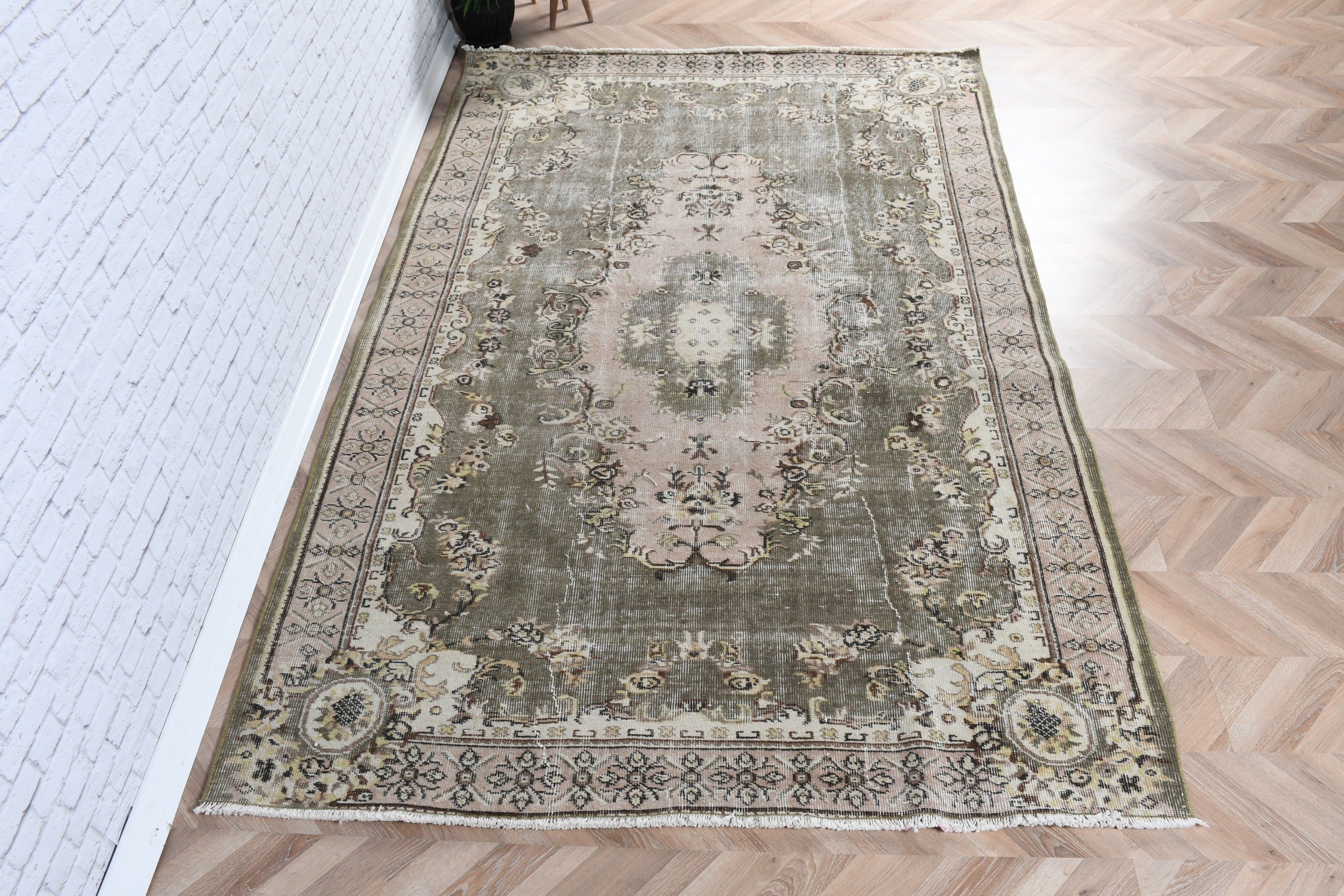 Estetik Halılar, Türk Halısı, Vintage Halı, Büyük Oushak Halıları, Mutfak Halısı, 5.5x8.4 ft Büyük Halı, Bej Nötr Halı, Salon Halısı