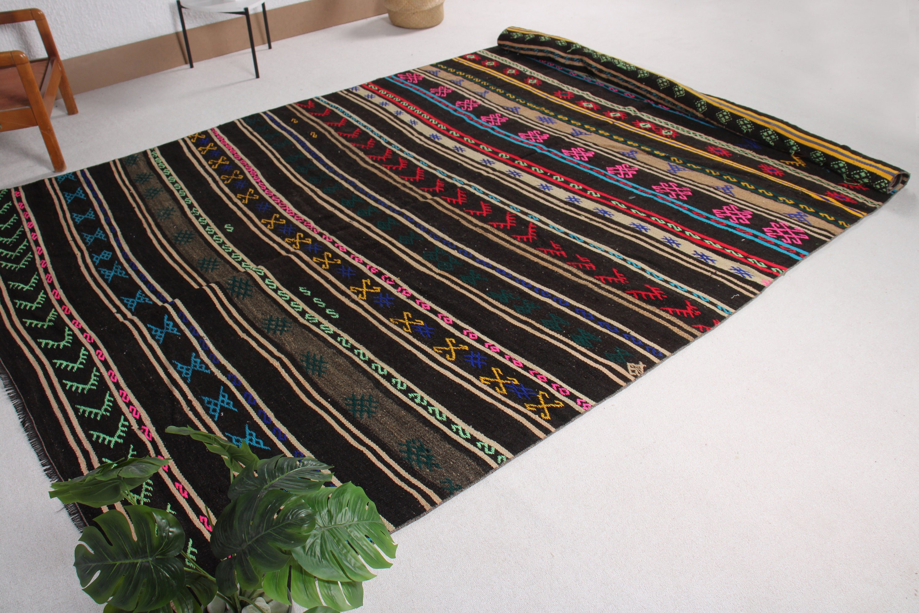 Vintage Rugs, Saloon Rugs, Kilim, 6.8x13.7 ft Oversize Rugs, Turkish Rug, Black Handwoven Rug, Living Room Rugs, Oushak Rug, Anatolian Rug