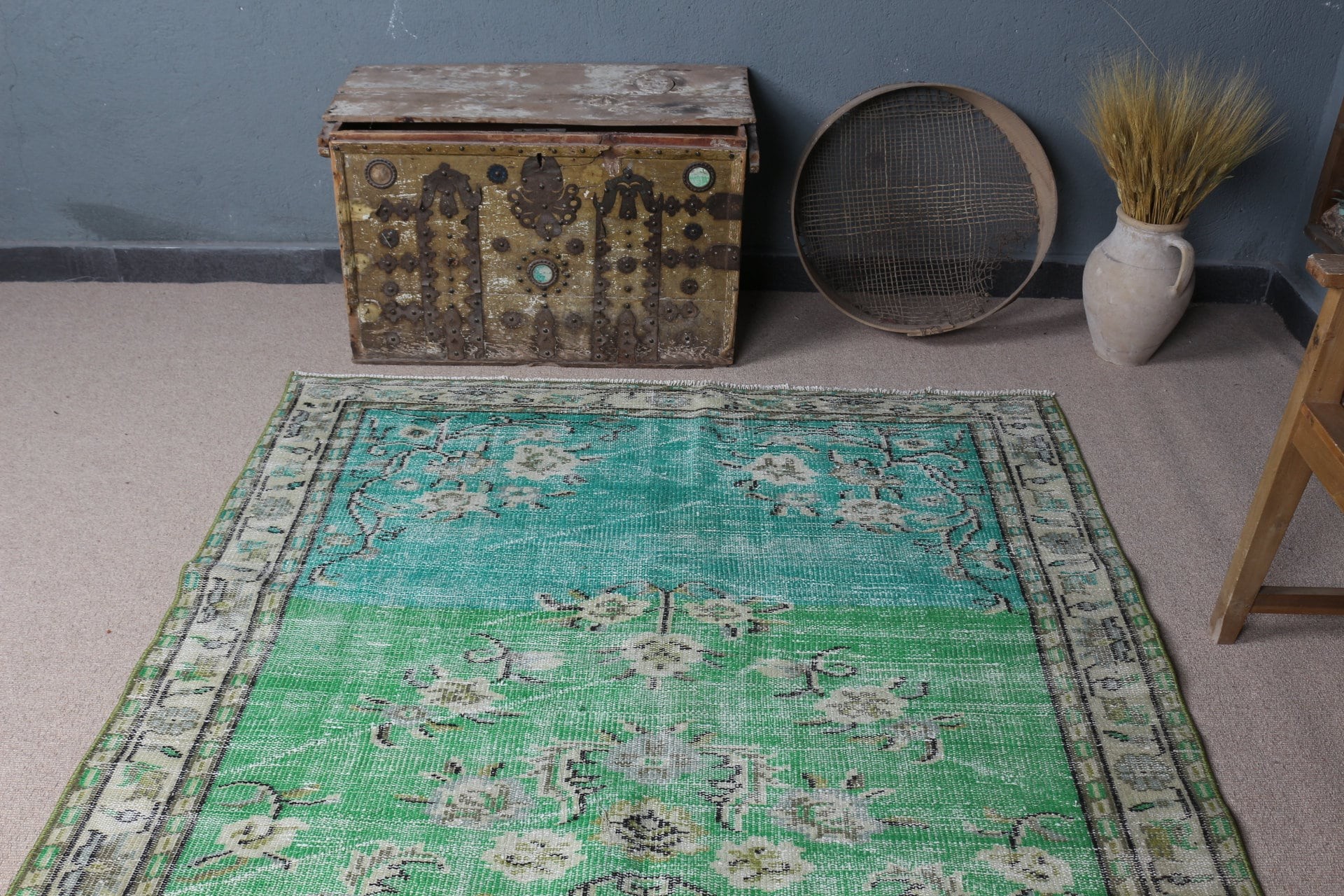 Fas Halısı, Yeşil Oushak Halıları, Havalı Halı, Yatak Odası Halısı, Salon Halısı, Oturma Odası Halıları, Türk Halısı, Vintage Halı, 5,2x8,4 ft Büyük Halı