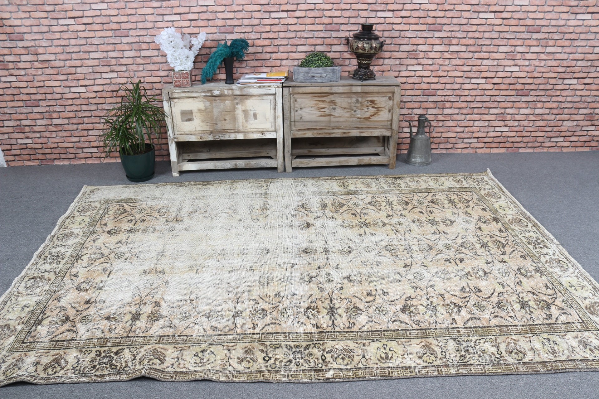 Ev Dekor Halıları, Özel Halı, Vintage Halı, Bej Antika Halı, Oturma Odası Halısı, Türk Halısı, Yatak Odası Halısı, Oushak Halısı, 5.9x9.2 ft Büyük Halılar