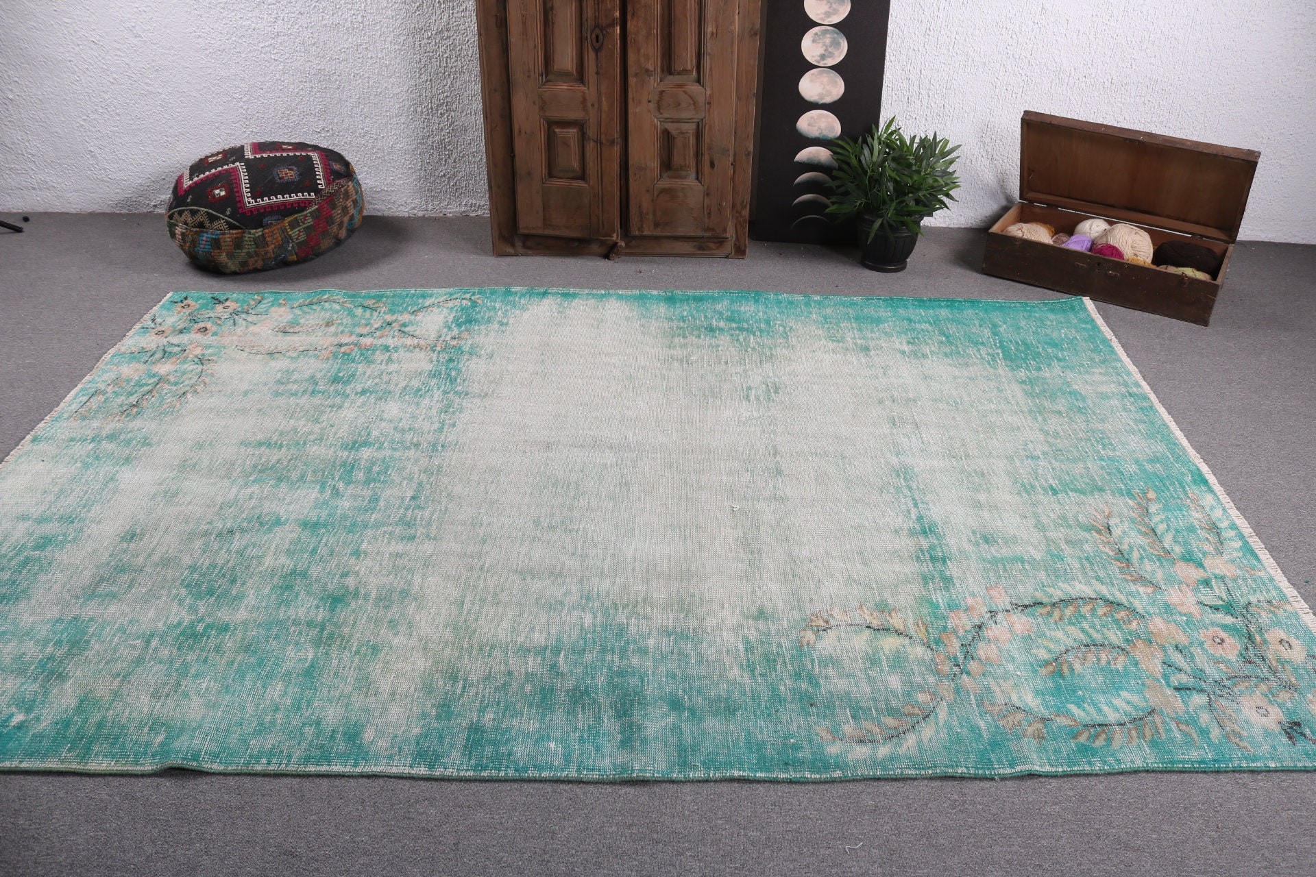 Ofis Halıları, Türk Halıları, 6.4x9.4 ft Büyük Halılar, Vintage Halı, Yün Halı, Yeşil Fas Halıları, Oturma Odası Halısı, Boho Halısı, Yemek Odası Halısı