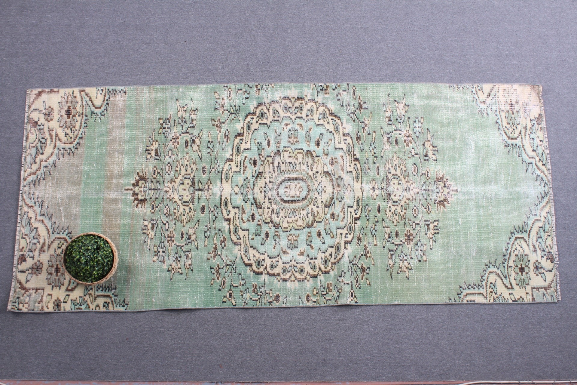 Vintage Rug, Rugs for Dining Room, 3.5x8 ft Area Rug, Turkish Rugs, Vintage Decor Rugs, Oushak Rugs, Floor Rug, Green Moroccan Rugs